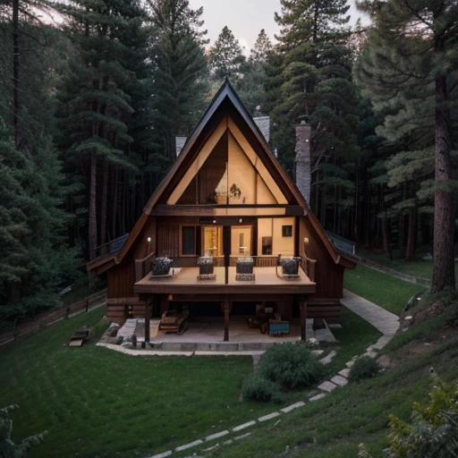 The A-frame house is located on a hill surrounded by pine trees. The house is decorated outside with old wood in natural colors. The photos are very beautiful. High angle shot from a drone Professional photography, beautiful light, very realistic images.
