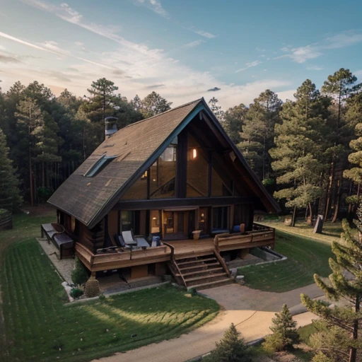 The A-frame house is located on a hill surrounded by pine trees. The house is decorated outside with old wood in natural colors. The photos are very beautiful. High angle shot from a drone Professional photography, beautiful light, very realistic images.