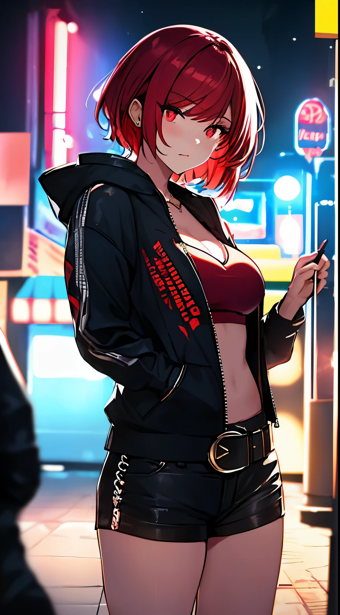 (Masterpiece:1.2), best quality, (illustration:1.2), enticing,(Masterfully crafted Glow, lens flare), (ultra-detailed), hyper details, (delicate detailed), (intricate details), (cinematic light, best quality Backlights), clear line, solo female, solo female, perfect body, (1girl), bioluminescent hair, glowing eyes, slightly close eyes, Red Light District Amsterdam, (Dynamic:1.2), ((makeup)), high contrast, (best illumination, an extremely delicate and beautiful), ((cinematic light)), colourful, powerful, (Cinematic masterpiece), photoshoot, cyberpunk 2077, graffiti, splashes of colour, absolutely eye-catching, ((colourful paint splashes on  background, dulux,)), ((caustic)), dynamic angle, beautiful detailed neon lights, (Captivating),(Intricately Detailed Cinematic redlight district:1.2), short shorts, shorts, open jacket, belt, cropped hoodie , ambient occlusion, ambient light, ray-traced reflections, intricately detailed pleasure district, subsurface scattering,  red neon street signs, (asymmetric haircut), short hair, (night-time), red digital billboards,  seductive, film grain, visible androids for sale, red hair, red eyes, red leather sport bra