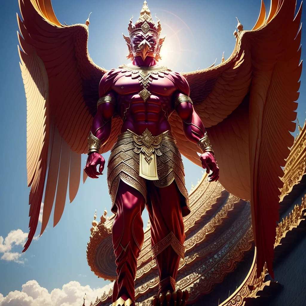 (Garuda 1) Red eyes, muscular body. Best anatomy: Red-skinned Garuda. Red-haired Garuda. Large, outstretched, red-winged Garuda. perfect wingspan Wear jewelry made from gold with Thai patterns. Gold jewelry decorated with diamonds on Garuda's head Wearing Thai cloth pants, Thai silk, red Thai pattern. Hands on hands and legs look like perfect birds. Hands, legs, feet are perfect. Stand on the ground, look straight, stand fully. The skin is the most detailed. The skin is red. The fur is the most detailed red. Red eyes, best detail The best anatomical details, details, cloth, accessories, Thai warrior armor. Best Metal Details Best Weapons Best Weapon Details (Special details Masterpiece quality Realistic Photos(Ultimate Realistic Photos 8k,16k,32k) Maximum realism and best lighting details. Best light quality, best shadows World class photography studio (Best close-up view)(The backdrop of the Thai temple castle is extinguished with gold, silver, emeralds, diamonds, perfect. The background is the sky, clouds, and fog. It feels natural and realistic.)