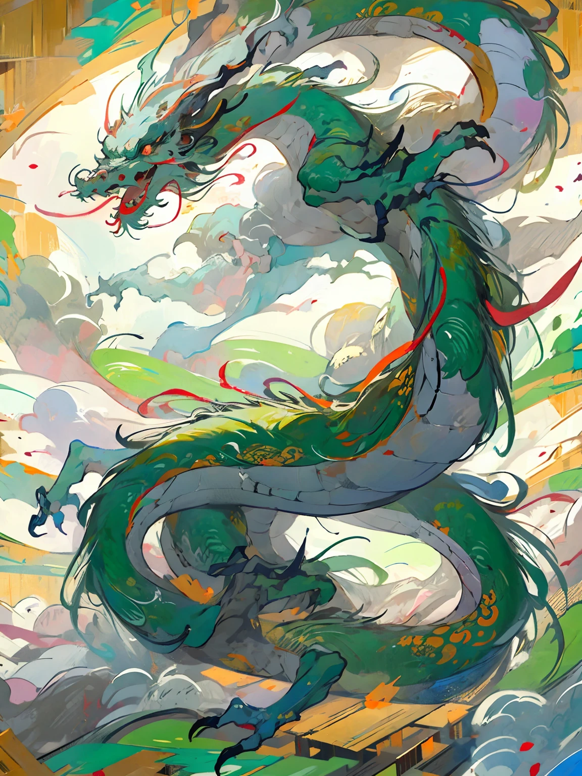 Best quality at best，tmasterpiece，超高分辨率，without humans，Huge body（The long：1.2），without humans，Red eyes，horn，scutes，with her mouth open，Skysky，Fang，Yellow-green Chinese dragon，surrounded by cloud，teeth，dragon claw，flight，Better flight attitude form，rich details​，Intricate Painting，The style is Chinese Dunhuang painting