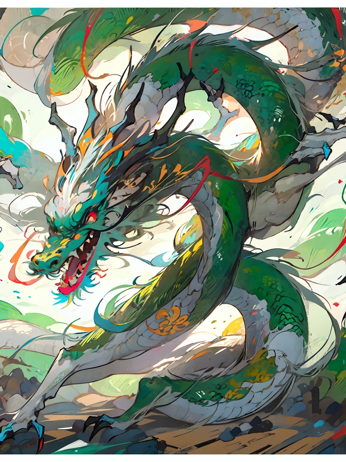 Best quality at best,tmasterpiece,超高分辨率,without humans,Huge body(The long:1.2),without humans,Red eyes,horn,scutes,with her mouth open,Skysky,Fang,Yellow-green Chinese dragon,surrounded by cloud,teeth,dragon claw,flight,Better flight attitude form,rich details,Intricate Painting,The style is Chinese Dunhuang painting