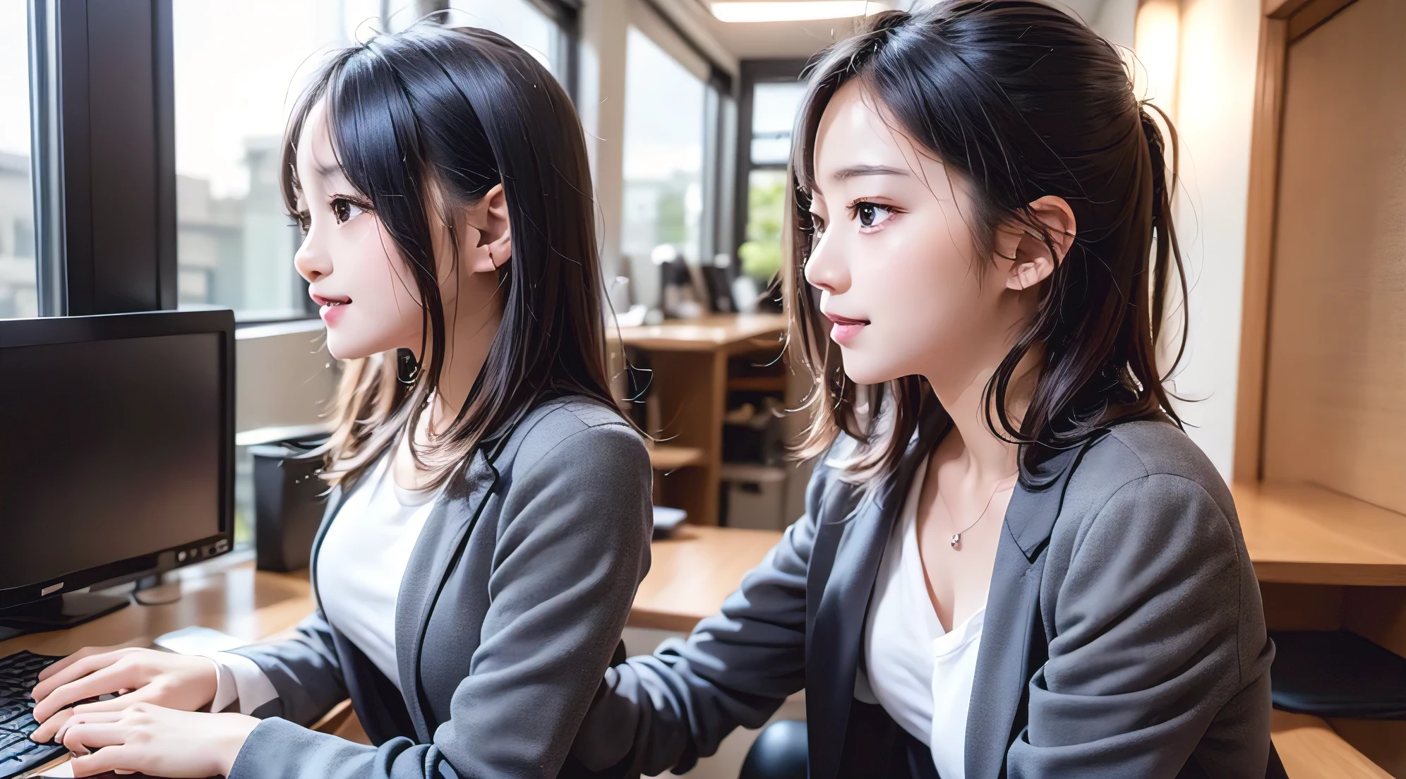Woman at Computer, profileのポートレート, リアルなの女の子のprofile, エレガントなprofileのポーズ, profileのポーズ, beautiful japanese girl face, Portrait of a 28 year old Japanese man, かわいい女の子のprofile, ( profile ) profile, young japanese woman, In front of a computer, 女性のprofile、Looking at the computer、Business Casual、Beautiful leg form、Typing on the keyboard on a desk computer、目の前のLooking at the computer、profile photo、 Office Casual、Gray jacket、small necklace、Large office background、Features contemporary design furnishings,You can see skyscrapers outside the window、sunny day、