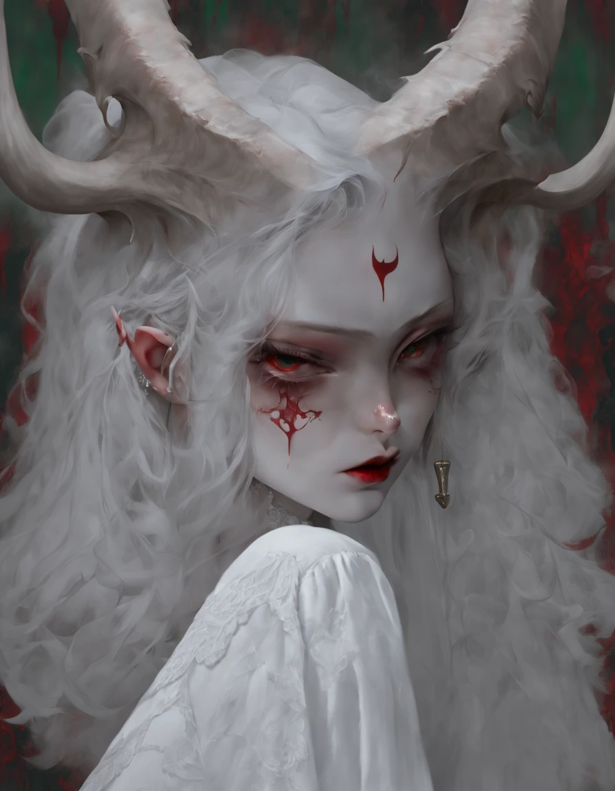 Portrait, close up, Bron above, Skinhead girl, demon girl, very angry, ((total smokey eyes)), (skinhea:1.2 ) , (emerald eyes), (white blouse), (long intricate horns:1.3), red liquid lips, (best quality), highest quality, extremely detail, 8k, wallpaper, detailed and intricate,