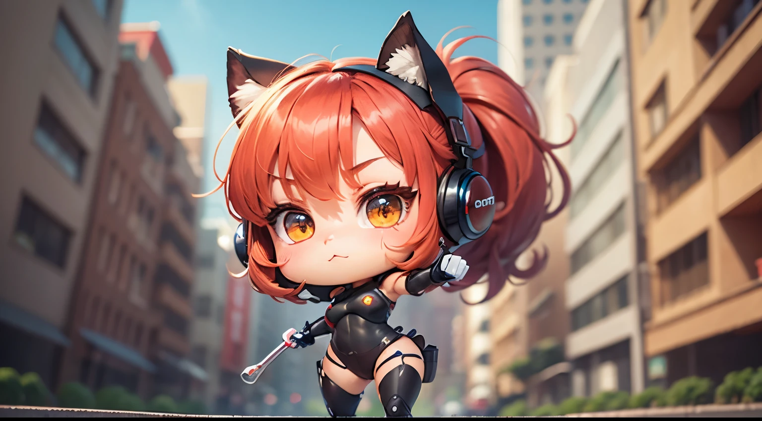 masutepiece、top-quality、ultra-detailliert、(Chibi、Cutie Honey in Anime、fighting poses、Red shorthair、Red and black wetsuit),Urban city