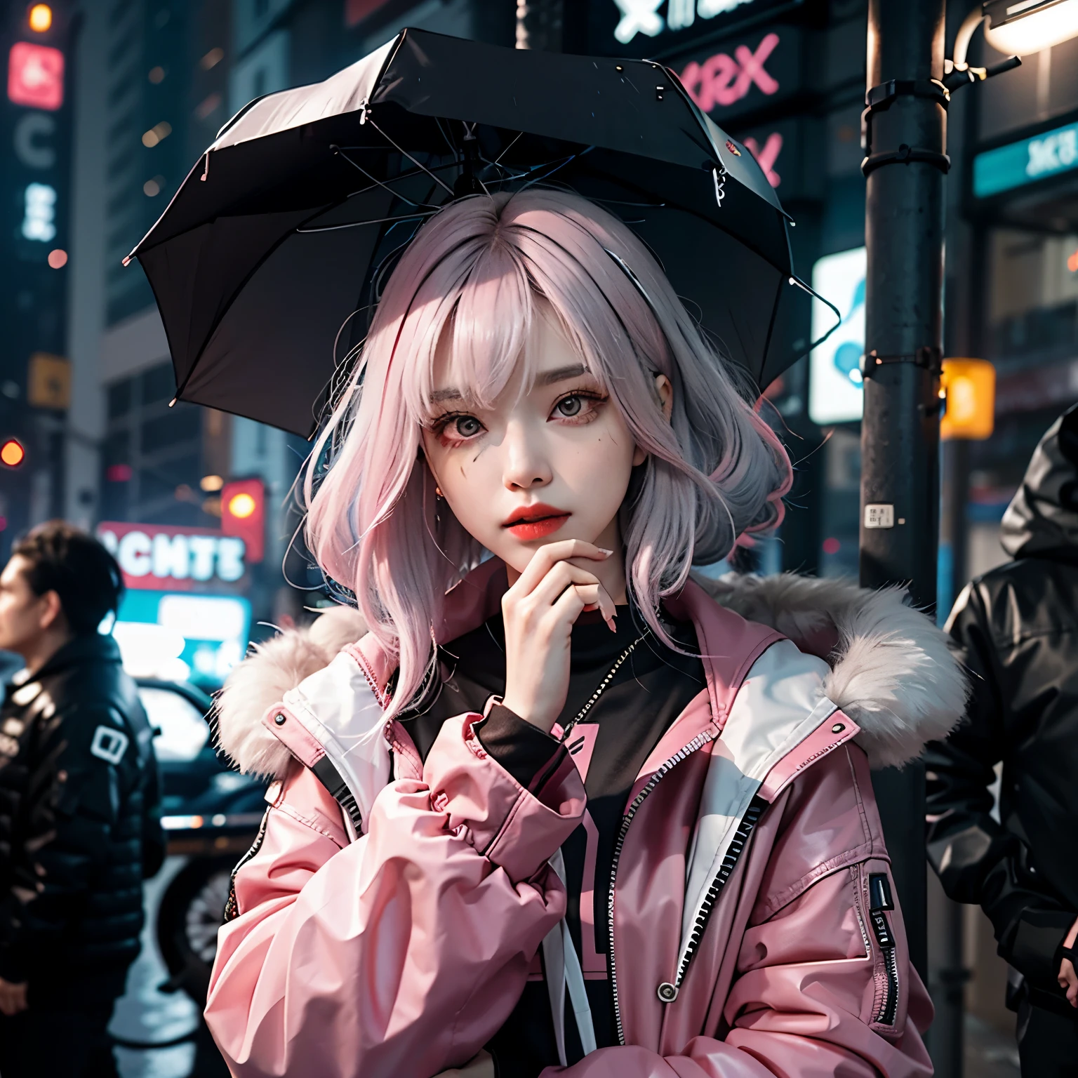 Lucy \(cyberpunk\), 1 girl, Hair ring, Ji Qie, silver hair, colored tips, full moon, gray eyes, jacket, long sleeves, looking at the audience, medium hair, colorful hair, parted bangs, open lips, pink hair, portrait, red eyeliner, red lips, alone, white jacket, cyberpunk \(series\), rainy night in a cyberpunk city with glowing neon lights