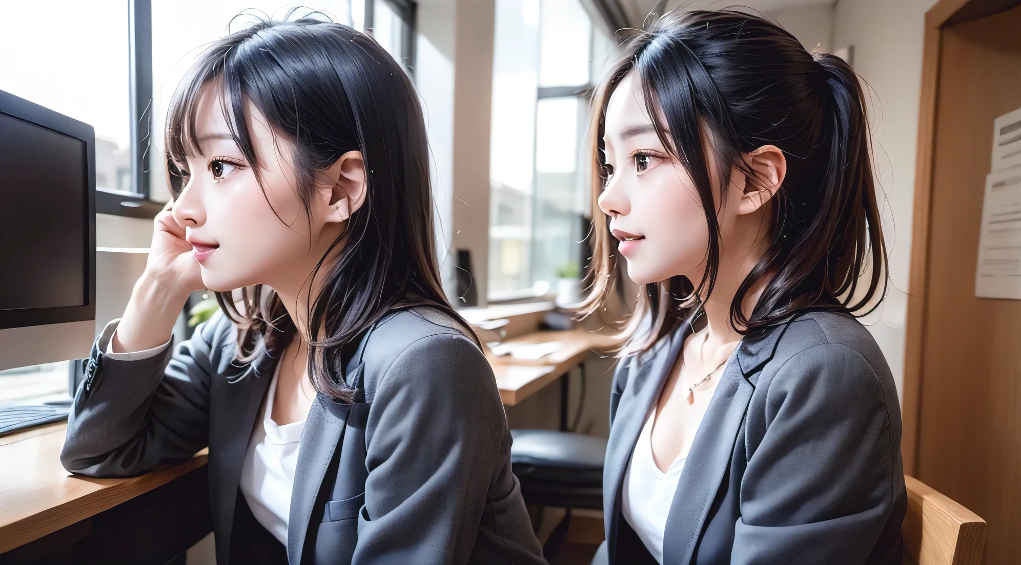 Woman at Computer, profileのポートレート, リアルなの女の子のprofile, エレガントなprofileのポーズ, profileのポーズ, beautiful japanese girl face, Portrait of a 28 year old Japanese man, かわいい女の子のprofile, ( profile ) profile, young japanese woman, In front of a computer, 女性のprofile、Looking at the computer、Business Casual、Beautiful leg form、Typing on the keyboard on a desk computer、目の前のLooking at the computer、profile photo、 Office Casual、Gray jacket、small necklace、Large office background、Features contemporary design furnishings,You can see skyscrapers outside the window、sunny day、
