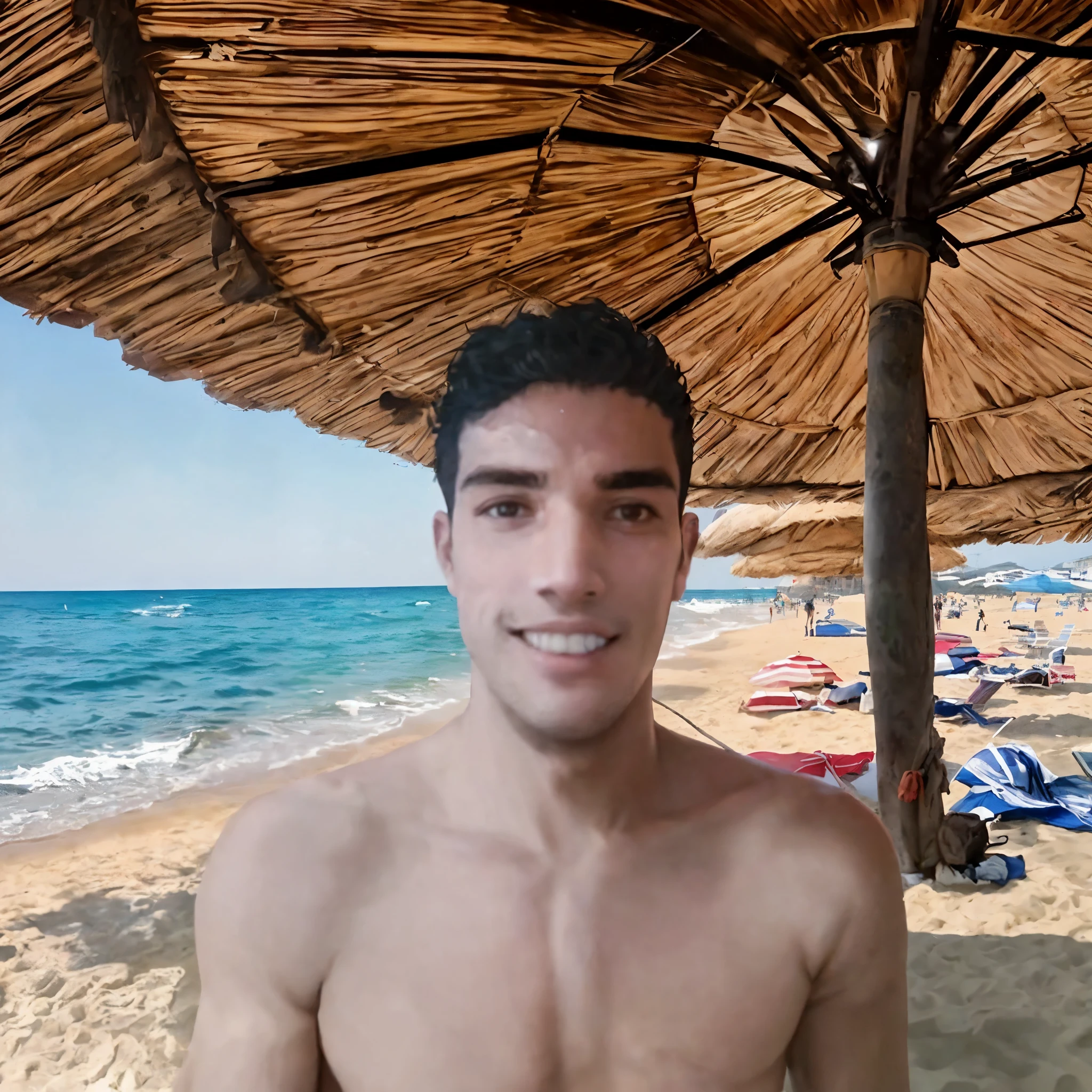 There's a man standing under an umbrella on the beach, jovem grego, na praia, vacation photo, na praia, foto da praia, Alexandros Pyromallis, imagem frontal, standing na praia, em uma praia, fotografia selfie 8k, foto do perfil 1024px, em uma praia tropical