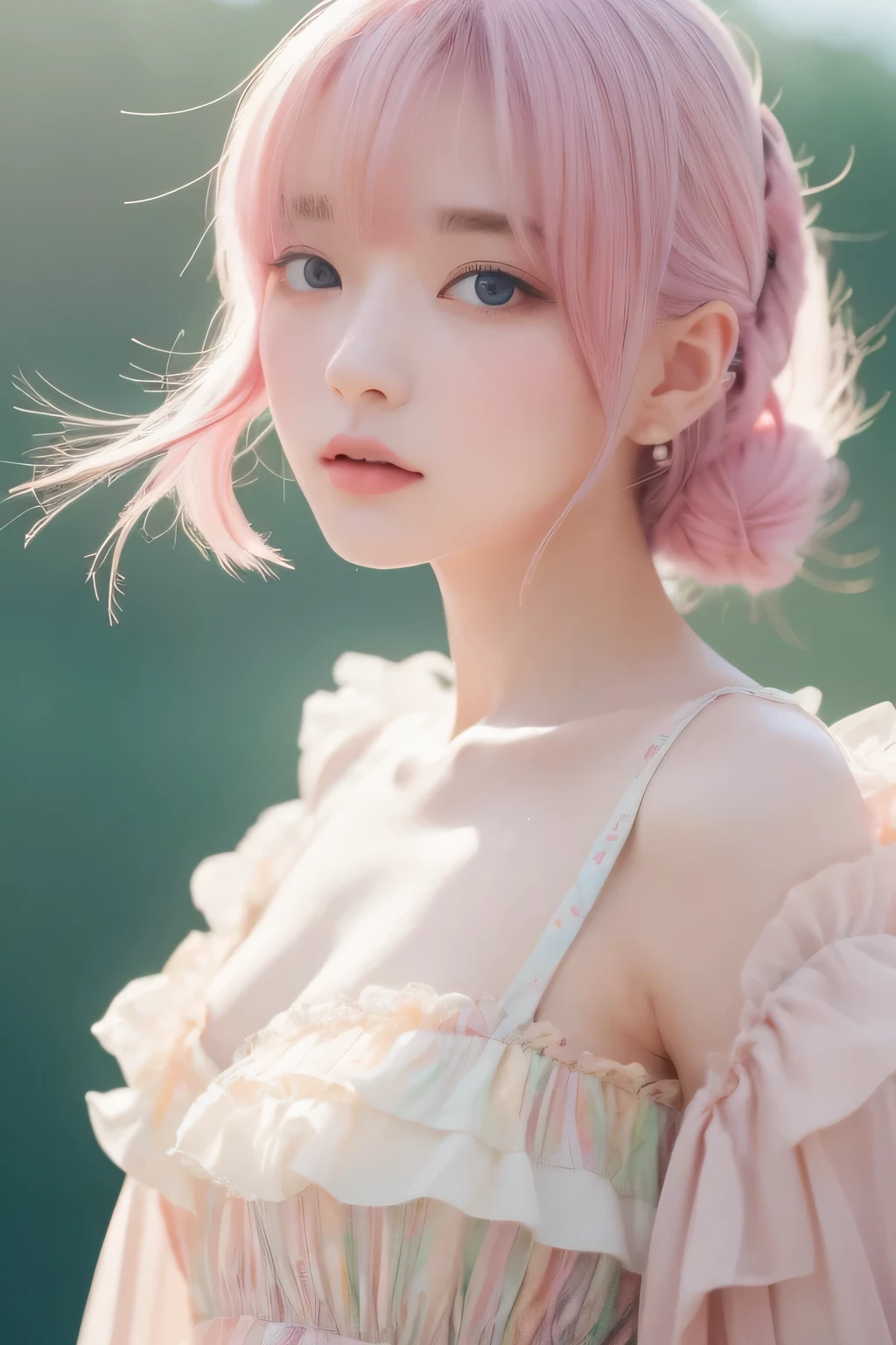 one girl、16talent、perfect anatomy、small face、small nose、plump lips、distinctive hairstyle、light pink hair、small breasts、Black dress、open neck dress、random pose、(((Background that looks like a watercolor painting in pale colors、blurred background)))、highest quality、High resolution、High resolution、cinematic lighting、professional photographer