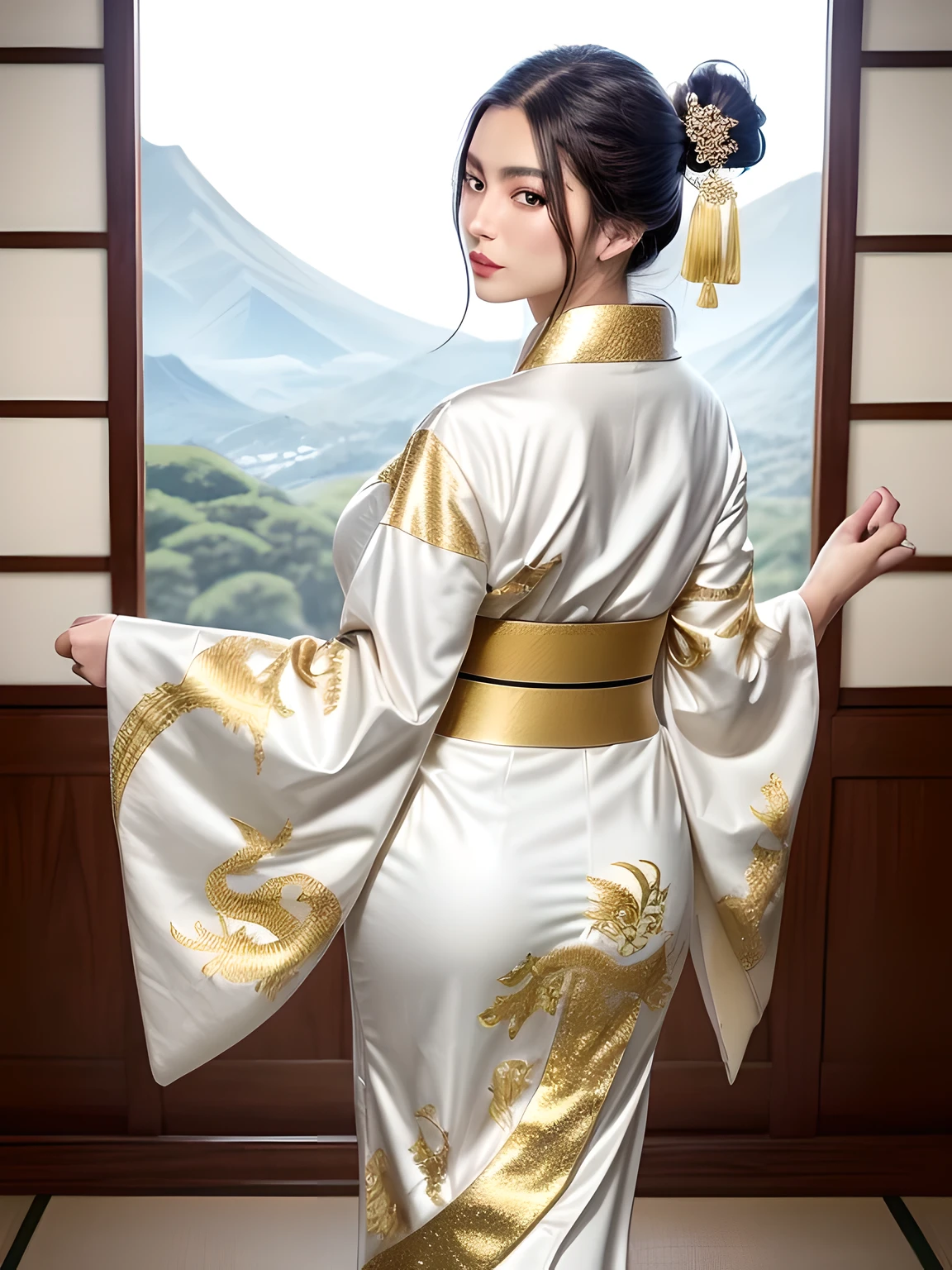 (Beautiful model in Japanese kimono commercial, beautiful straight long black hair), alone, ((face is 80% beauty and elegance, 20% pretty and cute:1.5)), clear eyes, (fine eyes, light green eyes, bright pupils), double eyelid, (Slightly thick and sexy lips:1.2), ((Super detailed and incredibly high resolution Deep-white Kimono:1.2)), Highly detailed facial texture, impressive body shape, curvaceous and very attractive woman, High resolution RAW color photography professional photography, break ultra high-resolution textures, High resolution body rendering, Big eyes, an unparalleled masterpiece, incredible high resolution, Super detailed, stunning ceramic skin, break ((Turn around to show the pattern of the kimono:1.5)), ((She wears a white kimono with plenty of glittering gold embroidery of a rising dragon.。:1.5)), ((The embroidery of the rising dragon on the white kimono is very dazzling.:1.2)), (A carefully crafted sensual Japanese kimono), ((The embroidery pattern is a dragon rising to the sky.):1.2), ((White kimono with elaborate and elegant decorations)), (Photographed in front of the round sliding sliding window in a Japanese-style room)), break ((highest quality, 8K)), sharp focus:1.2, (layer cut, big:1.2), (beautiful woman with perfect figure:1.4), (Beautiful and elegant rear view:1.3), thin waist, (correct hand shape:1.5), (full body shot | cowboy shot)