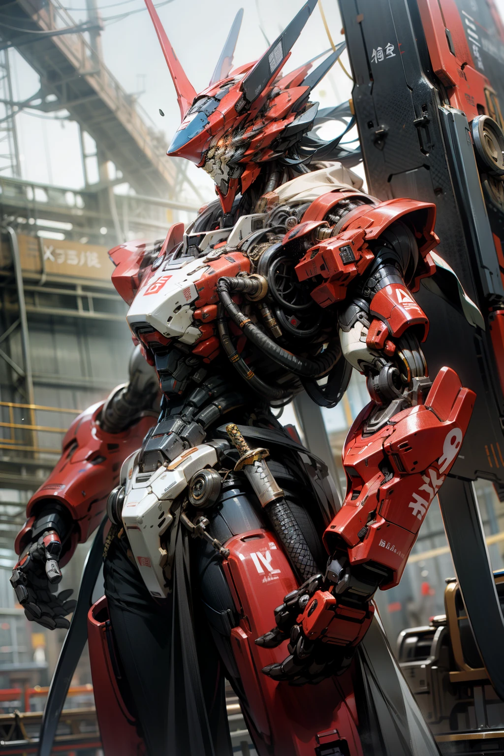 Bokeh,stand up,Super detailed,official art,8k wallpaper,,,Mecha,龙型复古高达Mecha,Great sword,More mechanical details