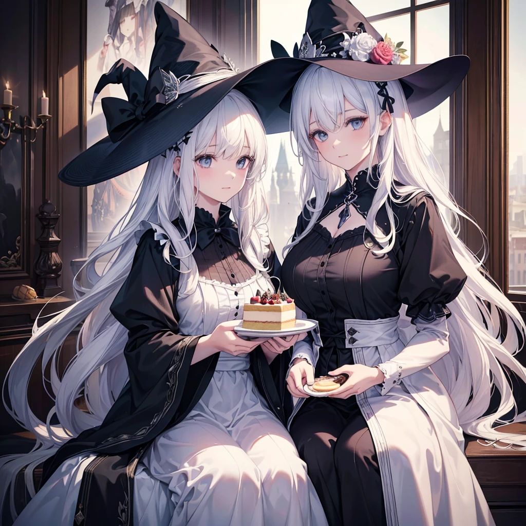 Two busty ladies in one picture,Bust of a witch and dessert elements, ice cream, anthropomorphic cake, anthropomorphic dessert, hair accessories, all with big hats, flower decorations and cream decorations on the hats, exquisite dresses with bows and crystal chains decoration, ta, a white-haired witch.,Next to her is the black-haired witch,long hair fluttering。They are side by side,dark sweet perfect fingers,Fluffy hair sweets