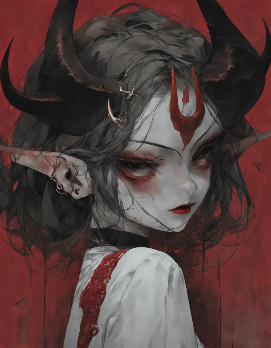 Portrait, close up, Bron above, Skinhead girl, demon girl, very angry, ((total smokey eyes)), (skinhea:1.2 ) , (emerald eyes), (white blouse), (long intricate horns:1.3), red liquid lips,  (best quality), highest quality, extremely detail,  8k, wallpaper, detailed and intricate,