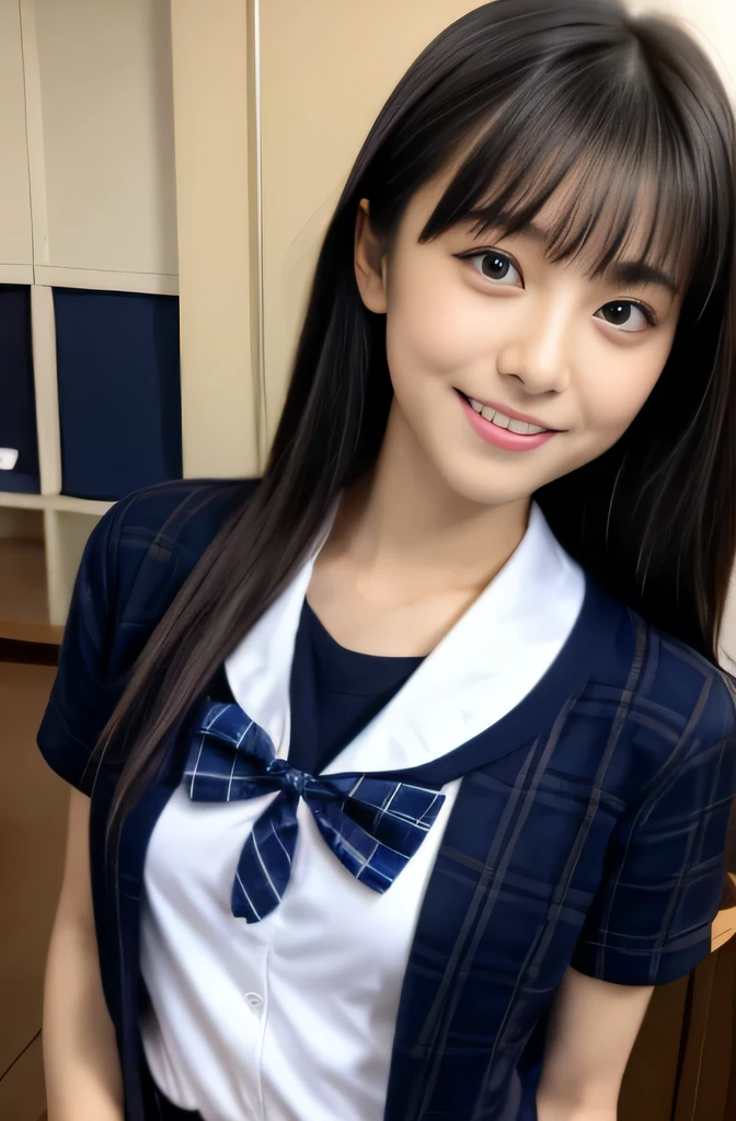 woman posing for photo, japanese model model, 18-year-old female model, 4K、bangss、A dark-haired、bobhair、Middle hair、Straight hair、(Navy Plaid Pleated Skirt:1.2),　(Super cute face in idol style:1.2)、school classrooms、slim and beautiful figure、beutiful breast、full body Esbian、美しい脚、white sock、White sneakers、白いランニングシャツ、NSFWではない、身体は視聴者の方を向く、視聴者を見つめる、、
