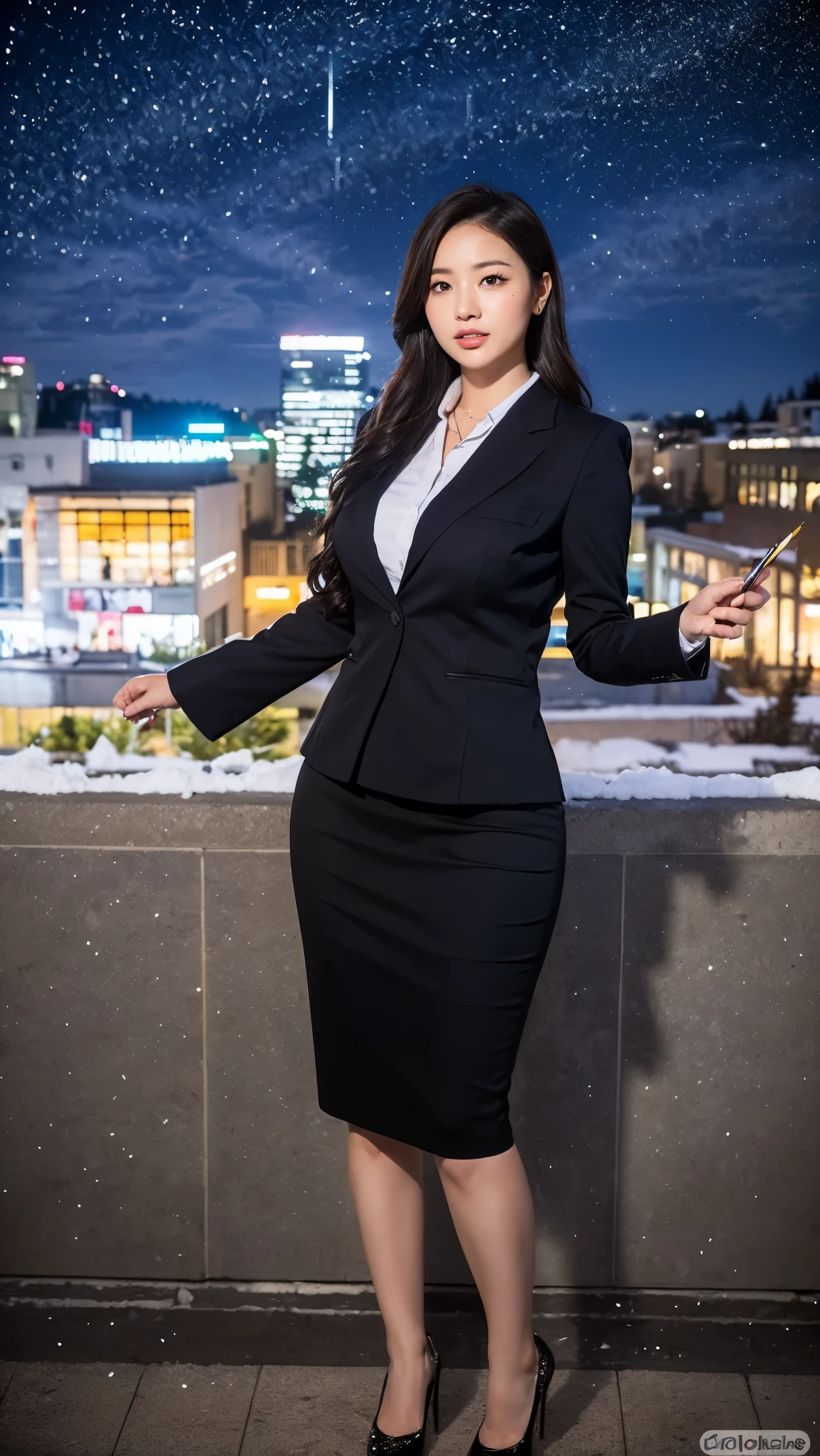 (masutepiece,High quality,16k:1.1),(depth of fields:1.3) ,((front body:1.35)),Japanese ,mature Woman, ((business suit, pencil skirt)), huge breasts, voluptuous, thicc, curvy,(Looking at Viewer:1.3),(full body shot:1.2),(snowing:1.2),(Beautiful night view of town:1.2),