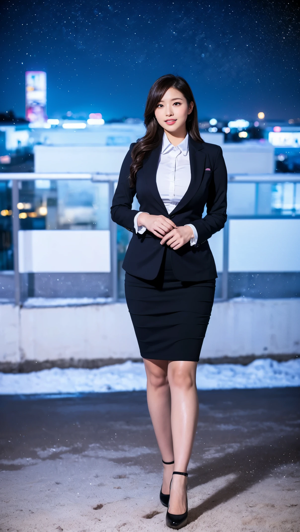 (masutepiece,High quality,16k:1.1),(depth of fields:1.3) ,((front body:1.35)),Japanese ,mature Woman, ((business suit, pencil skirt)), huge breasts, voluptuous, thicc, curvy,(Looking at Viewer:1.3),(full body shot:1.2),(snowing:1.2),(Beautiful night view of town:1.2),