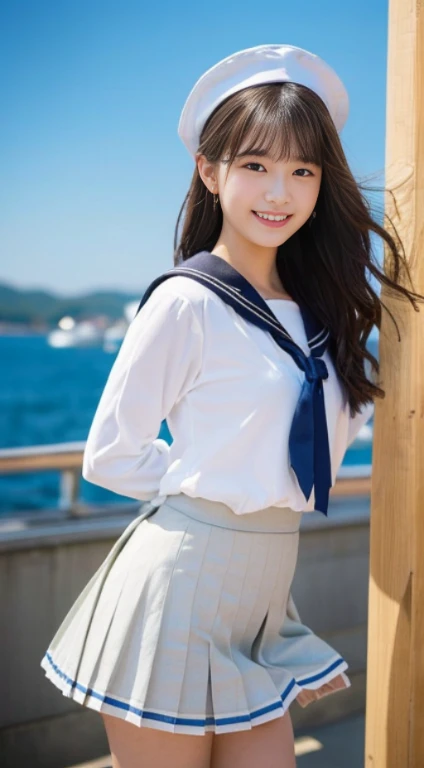 girl looking into distance on windy ship deck,sea,pink and white sailor school shirt,white small panties with little pink bow,18-year-old,bangs,a little smiles,thighs,knees,from beside