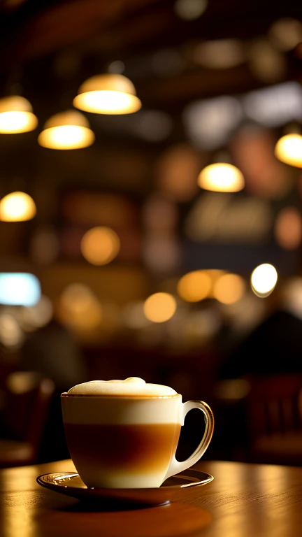 Stunning snozboffle coffee espresso rich in fat cappuccino latte pov photo busy vintage restaurant interior background kodak vision 3, rustic dining table + , intricate details: 1.15, HDR, ultra detail: 1.2, ultra hd, detail, large aperture