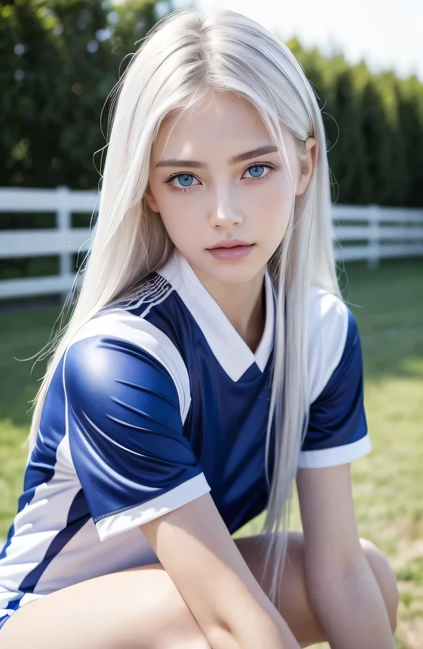 １４歳のwhite人モデル, 立っているPhoto above the knee,（(Clean clothes)), volleyball uniform, Natural light, きれいなwhite人女性, white hair, lazy smile, (8K, Live shooting, highest quality, masterpiece: 1.2), masterpiece, Super detailed, , High-definition RAW color photo, , , , , , highly detailed eyes, realistic skin texture, highly detailed fingers, very small nose, highly detailed mouth, , Photo above the knee, , See-through feeling、transparent processing、Volleyball Wear、, white髪, blue eyes, masterpiece, realistic skin texture, , shiny hair and white skin, 、 natural skin texture,  young woman like a girl,  Photo above the knee、blue eyes,  、lowered eyebrows,  innocent face,  Eyes that look kind,  natural skin texture, round face,  kind eyes, long and pure white beautiful hair、, small face,  No decorations included,  white, droopy eyebrows,  Mont Blanc, white, droopy eyebrows、sparkling eyes