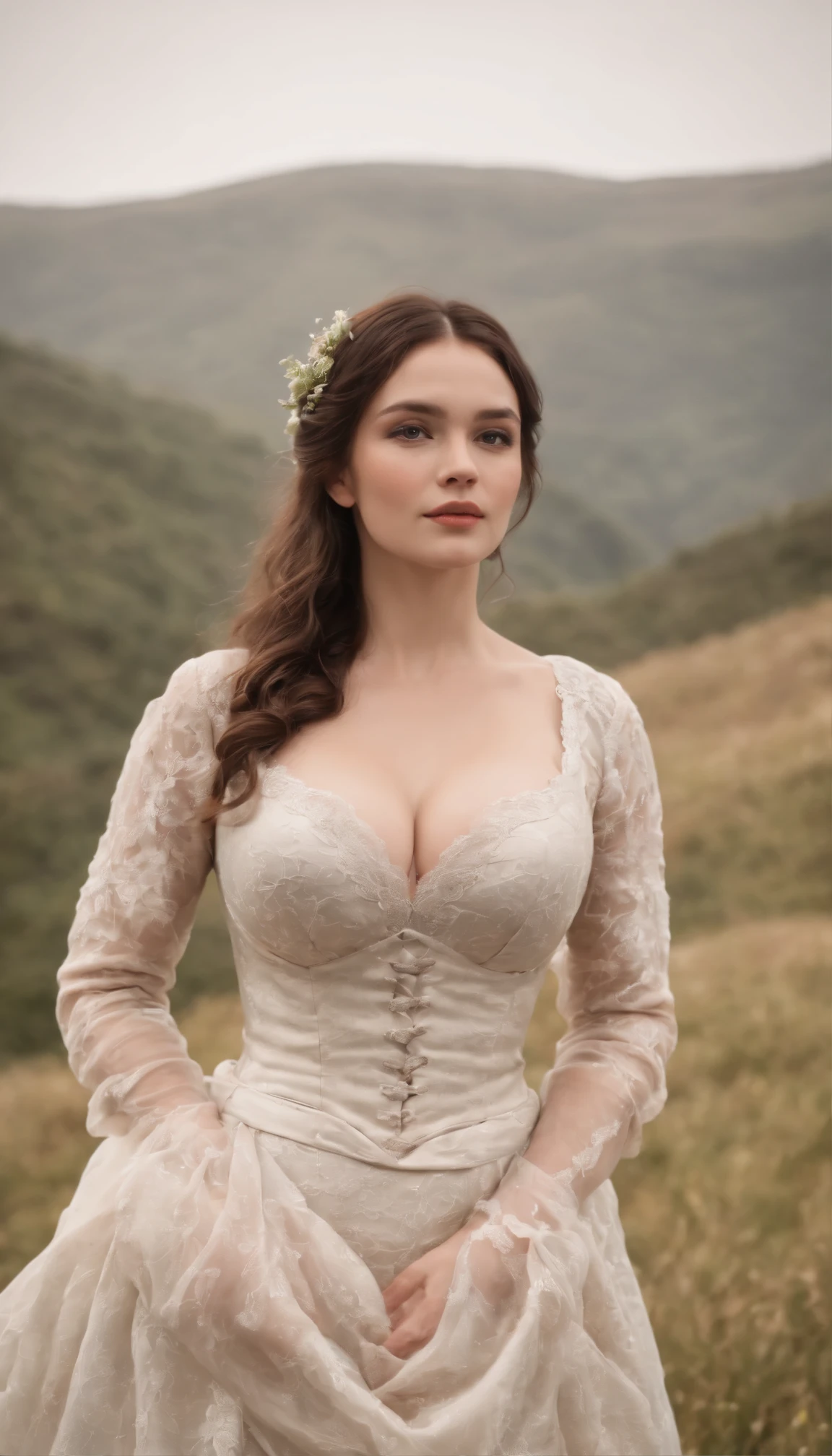 Random setting and scene; Zoomed out camera Fully body in frame; random pose; a female age 30; name Jlah; year 1800s; random clothing. (Big boobs, curvy)