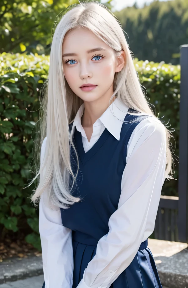１４歳のwhite人モデル, 立っているPhoto above the knee,（(Clean clothes)), wearing school uniform, Natural light, きれいなwhite人女性, white hair, lazy smile, (8K, Live shooting, highest quality, masterpiece: 1.2), masterpiece, Super detailed, , High-definition RAW color photo, , , , , , highly detailed eyes, realistic skin texture, highly detailed fingers, very small nose, highly detailed mouth, , Photo above the knee, , See-through feeling、transparent processing、wearing school uniform、, white髪, blue eyes, masterpiece, realistic skin texture, , shiny hair and white skin, 、 natural skin texture,  young woman like a girl,  Photo above the knee、blue eyes,  、lowered eyebrows,  innocent face,  Eyes that look kind,  natural skin texture, round face,  kind eyes, long and pure white beautiful hair、, small face,  No decorations included,  white, droopy eyebrows,  Mont Blanc, white, droopy eyebrows、sparkling eyes