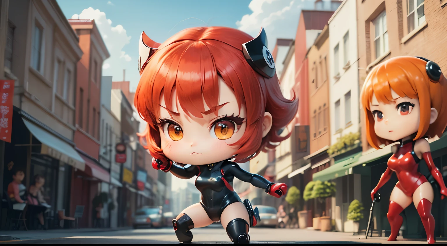masutepiece、top-quality、ultra-detailliert、(Chibi、Cutie Honey in Anime、fighting poses、Red shorthair、Red and black wetsuit),Urban city