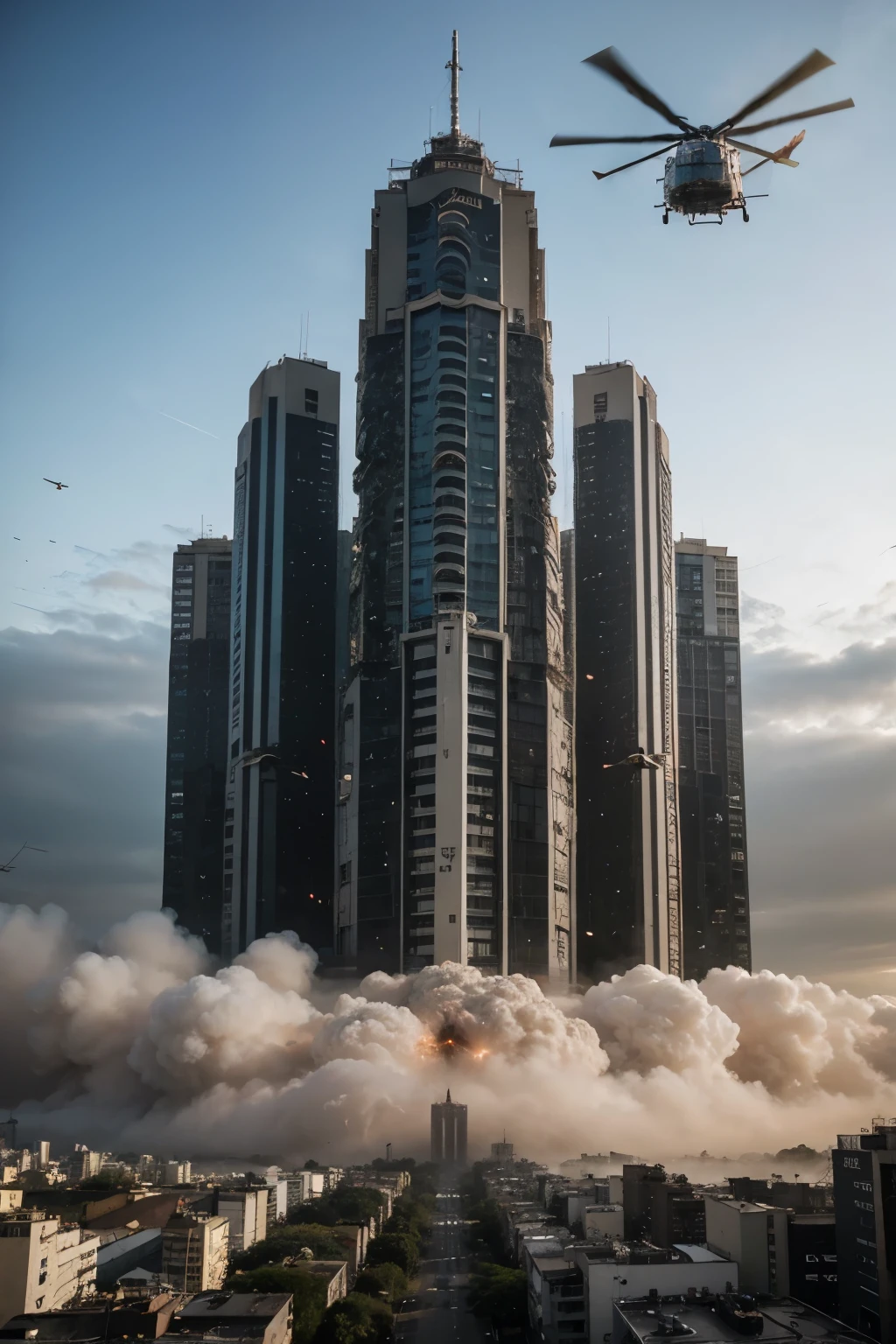 An image of a giant android machine destroying a city like São Paulo with planes and helicopters shooting at it. As pessoas correndo desesperadas. Imagem para ser capa de disco de Heavy Metal.