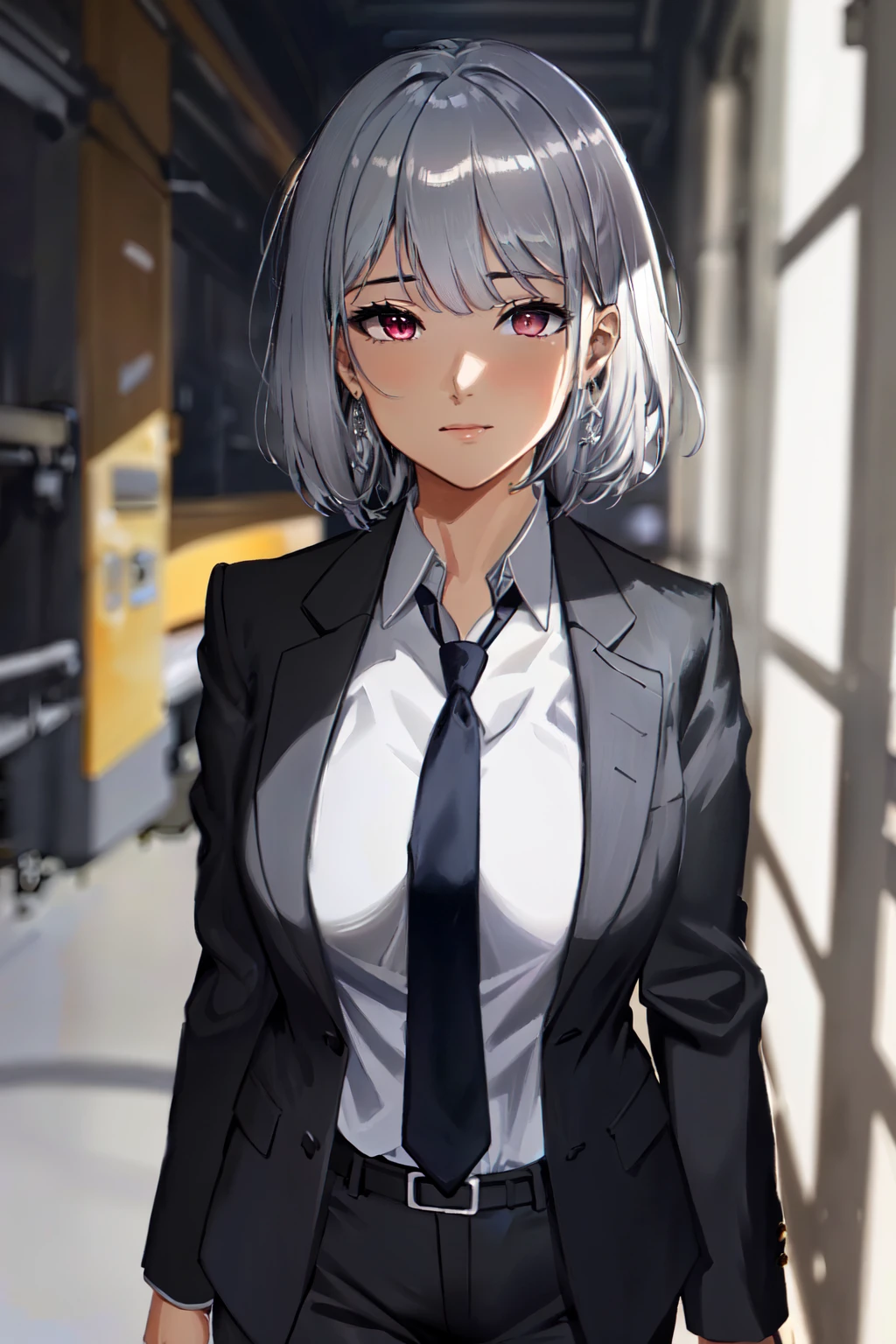 (extremely detailed CG unity 4k wallpaper),(masterpiece),(ultra quality),(ultra-detailed),(best illustration),(best shadow),(absurdres),(detailed background), 1girl, solo, short hair, (silver hair), pant suit, black suit, necktie, black jacket, collared shirt, blurry, red eyes, closed mouth, breast, looking at viewer