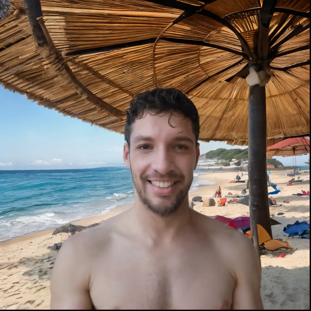 There's a man standing under an umbrella on the beach, jovem grego, na praia, vacation photo, na praia, foto da praia, Alexandros Pyromallis, imagem frontal, standing na praia, em uma praia, fotografia selfie 8k, foto do perfil 1024px, em uma praia tropical