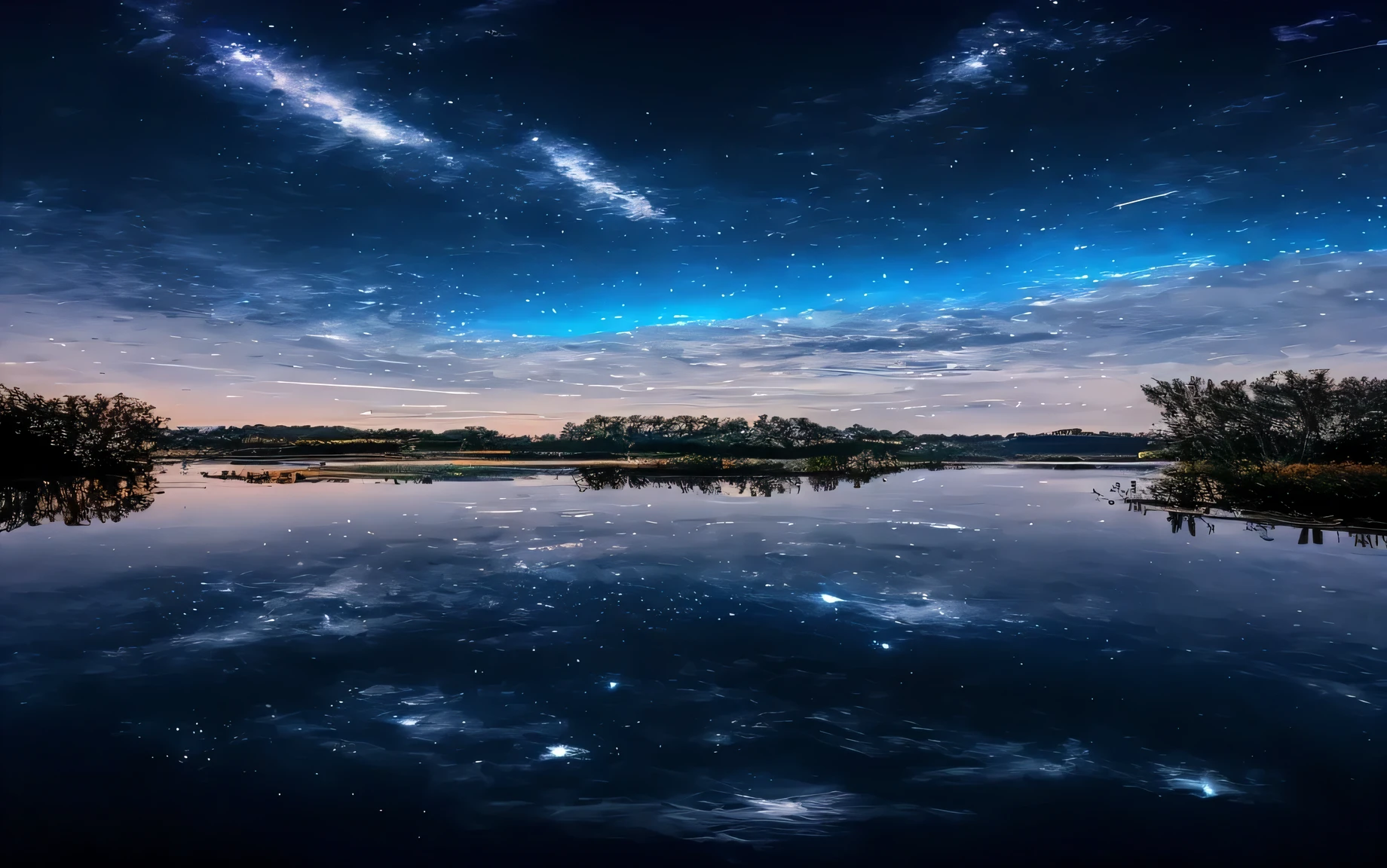 There is a lake,There is a boat in the lake,sky full of stars, night sky reflected in the water, stars reflecting on the water, sky full of stars, Magical sparkling lake, The tranquility of endless stars, blue hour stars, The background is an endless universe, universe in the sky, Wonderful reflection of the sky, old sky, Dramatic starry night sky