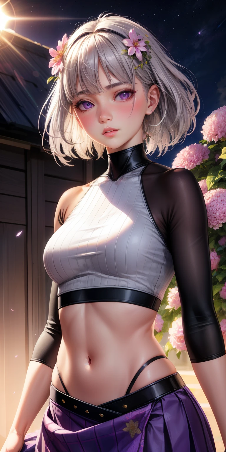 realistic, 1 girl, gray hair, purple eyes, shining eyes, crop top, skirt, parted lips, blush, night, flowers, sun, sunlight,