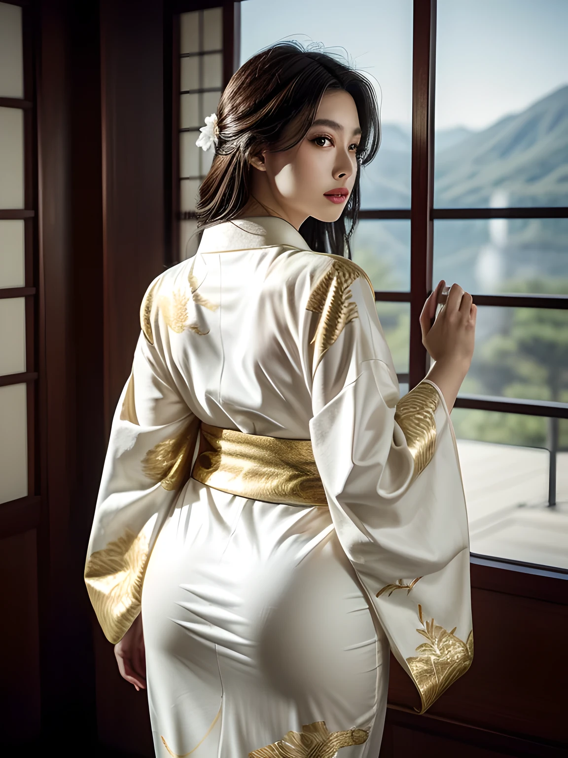 (Beautiful model in Japanese kimono commercial, beautiful straight long black hair), alone, ((face is 80% beauty and elegance, 20% pretty and cute:1.5)), clear eyes, (fine eyes, light green eyes, bright pupils), double eyelid, (Slightly thick and sexy lips:1.2), ((Super detailed and incredibly high resolution Deep-white Kimono:1.2)), Highly detailed facial texture, impressive body shape, curvaceous and very attractive woman, High resolution RAW color photography professional photography, break ultra high-resolution textures, High resolution body rendering, Big eyes, an unparalleled masterpiece, incredible high resolution, Super detailed, stunning ceramic skin, break ((Turn around to show the pattern of the kimono:1.5)), ((She wears a white kimono with plenty of glittering gold embroidery of a rising dragon.。:1.5)), ((The embroidery of the rising dragon on the white kimono is very dazzling.:1.2)), (A carefully crafted sensual Japanese kimono), ((The embroidery pattern is a dragon rising to the sky.):1.2), ((White kimono with elaborate and elegant decorations)), (Photographed in front of the round sliding sliding window in a Japanese-style room)), break ((highest quality, 8K)), sharp focus:1.2, (layer cut, big:1.2), (beautiful woman with perfect figure:1.4), (Beautiful and elegant rear view:1.3), thin waist, (correct hand shape:1.5), (full body shot | cowboy shot)