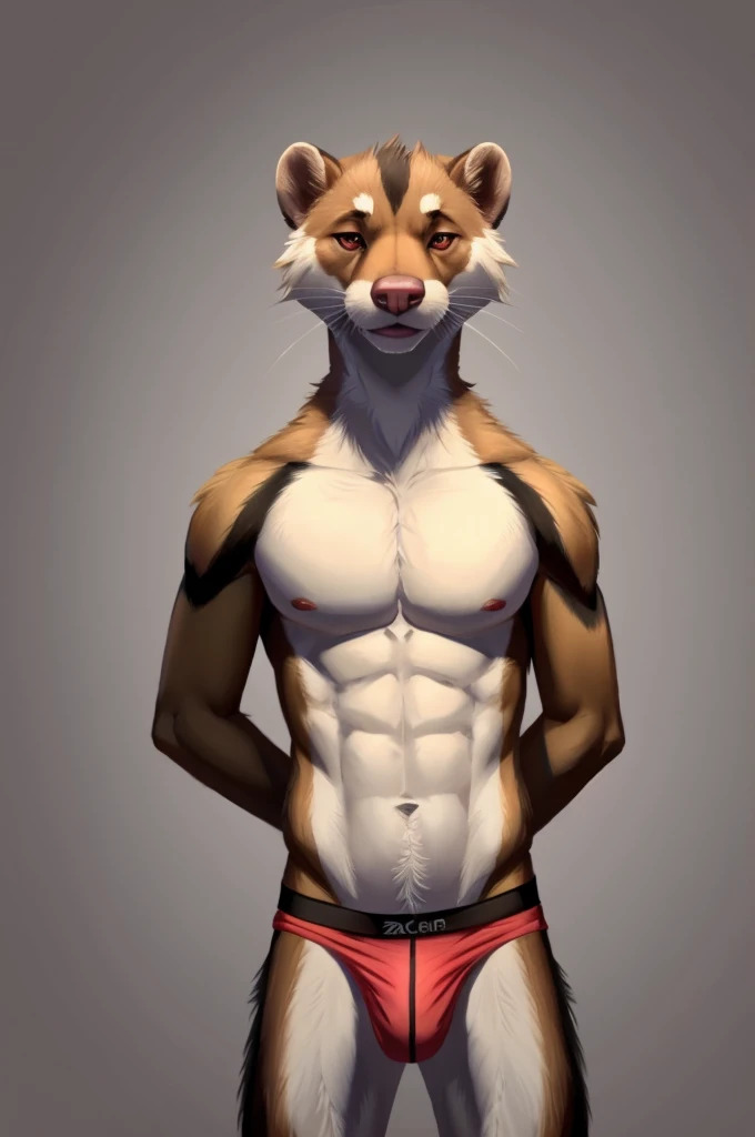 Solo, Furry, Anthro, Weasel, Male, E621, Standing, Hands behind back, Wearing underwear, Simple background, Front view, by Zackary911
