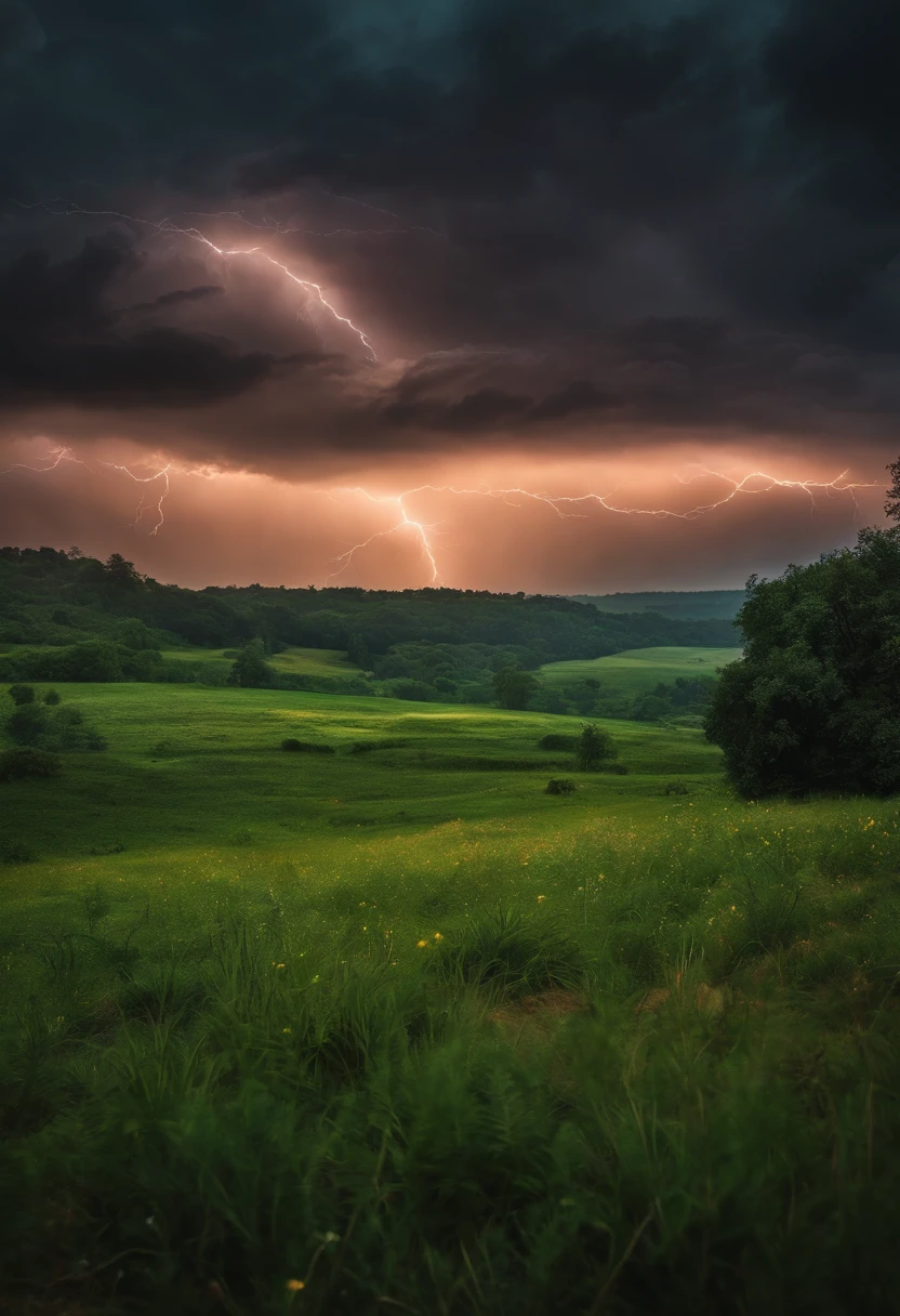 Large area with a lot of grass and plants, Cloudy and gloomy atmosphere, Accompanied by lightning strikes