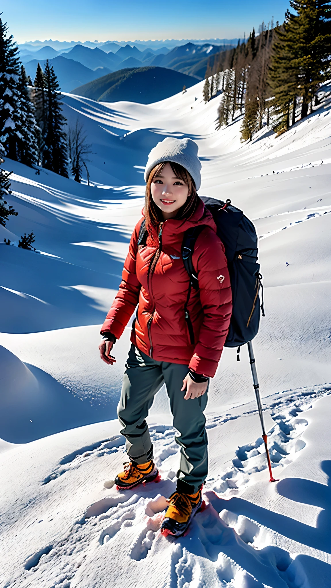 (Background, Magnificent snow mountain views):1.3, (snow mountain:1.37), (8k, RAW photo, best quality, masterpiece:1.2), (realistic, photo-realistic:1.37), ultra-detailed, high quality, professional lighting, physically-based rendering photo of 20 years woman, (1girl:1.3), (Japanese girl), (semi-long hair, dark brown hair), (high detailed skin:1.2), (ultra delicate face, ultra Beautiful fece, ultra delicate eyes, ultra detailed nose, ultra detailed mouth), (mountaineering jacket(ARC'TERYX), mountaineering clothing, mountaineering, trekking-pants, knit hat), (Carrying a backpack), (Walking along a mountain trail), from the front side, full body shot