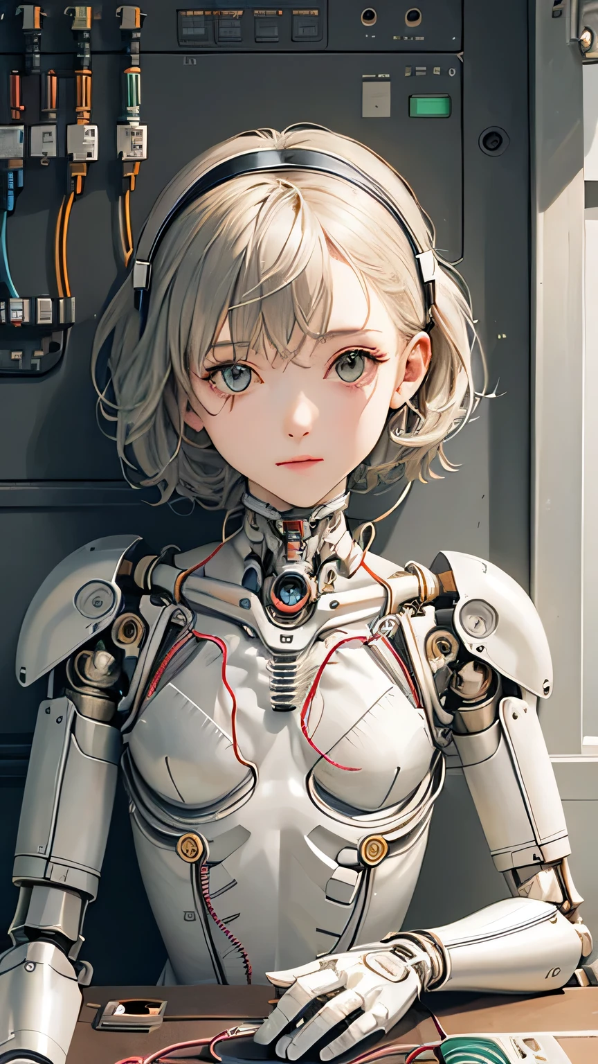 [cat : Girl : 7], chest, porcelain face, cyborg, robotic parts, 150mm, beautiful studio with soft light, rim light, vibrant details, cyberpunk, hyperrealist, anatomical, facial muscles, electric cables, tablet, h. r. giger style, extremely detailed  (realist, photo-realist:1.37),Amazing, finely details
