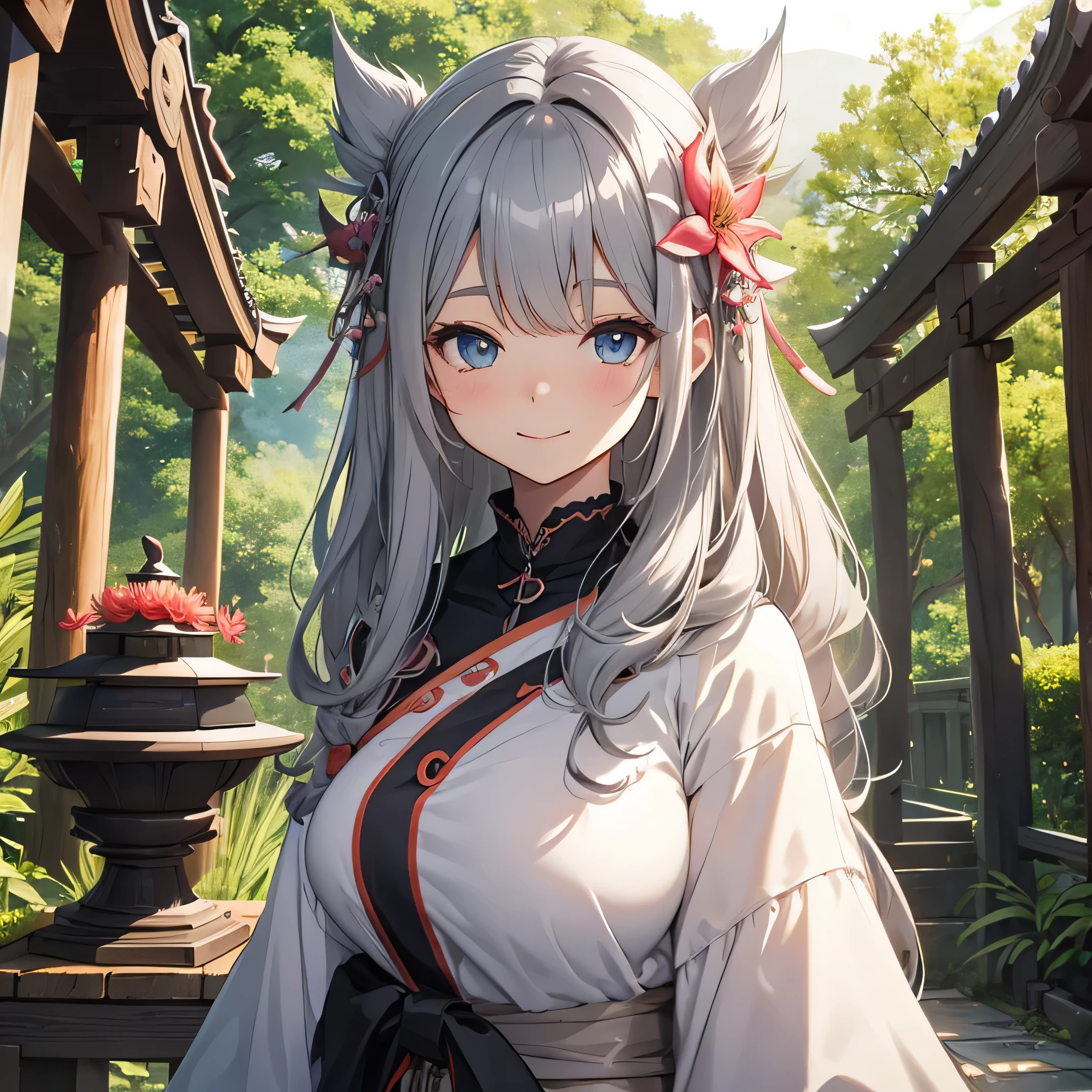 cute、tits、valley、big、gray hair、Mysterious、odd eye、amaryllis、smile、shrine、torii