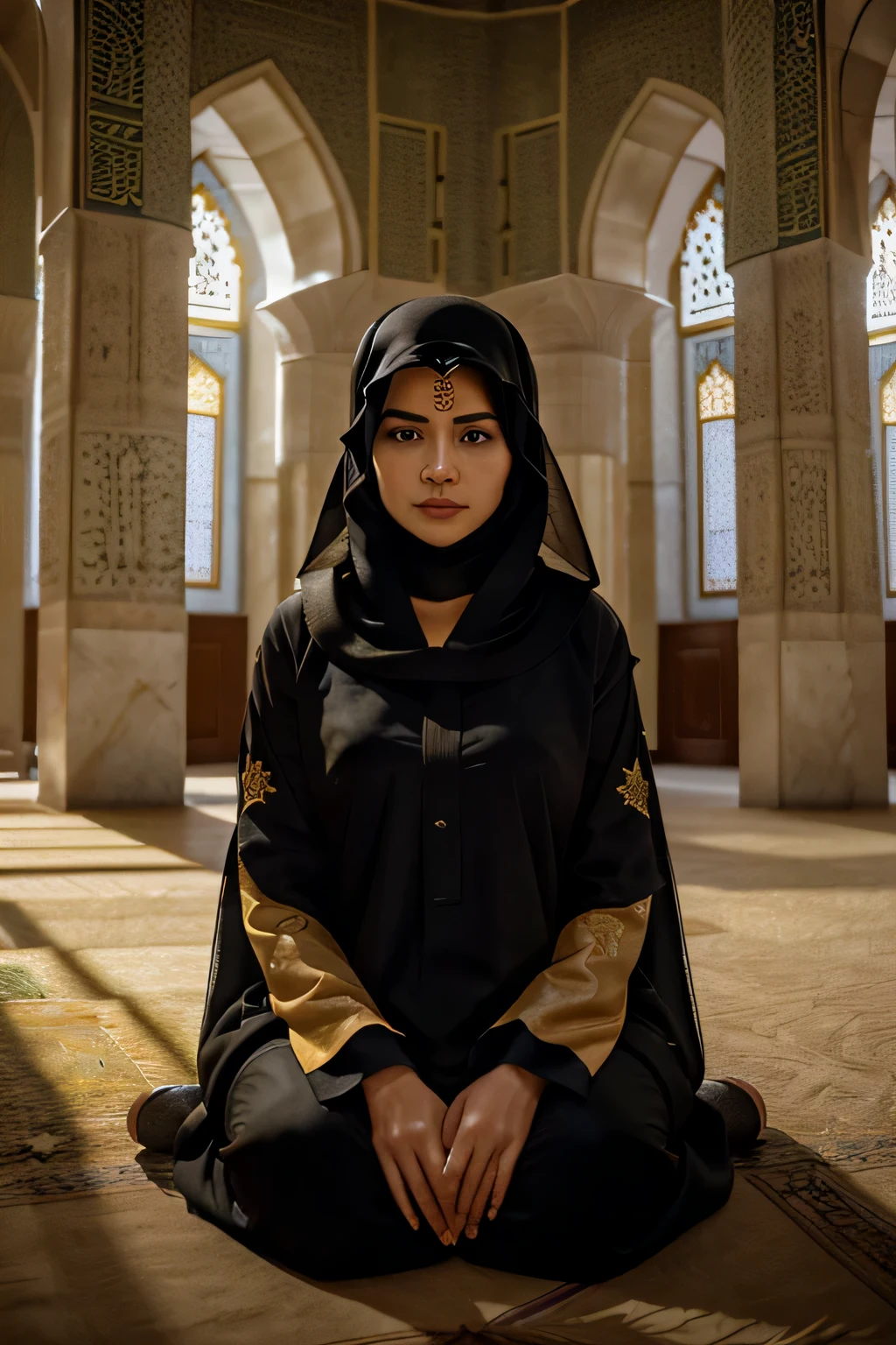 Girl, (wearing an Islamic abaya: 1.4) praying in the mosque, (her abaya is white and golden), the ground is green with yellow flowers, hair is covered with an Islamic veil, close, beautiful, high definition, (sitting: 1.3), praying, (no visible hair 1.2 ) Medium lighting, eye details, (visible face)