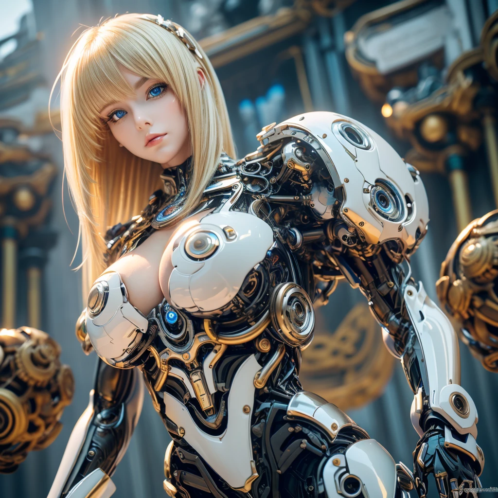 8k, top-quality, （pubic hair beauty）、high resolution, 逼真, real person, ((​masterpiece)), ((top-quality)), (The ultra-detail, ((highly contrast)), (a high chroma), (Beautiful detail eyes), ((extremely delicate and beautiful)), (nice hand), ((perfect hand)), (Mechanical cyber city in the background), futuristic cities, 夏天, plein air, Girl on a motorcycle, Medium hair, blonde  hair, asymmetrical bangs, beautiful detailed Glass hair, blue eyes, large chest, mechanical suit, ((shiny body)), (very shiny body), Clear, jewelry, ornament detached, a gorgeous, opulent, magnificent, Illumination scattered throughout the body, Illumination brilliance, cyborgs, android, bodysuit, huge tit, open cleavage, beauty legs , Full Body