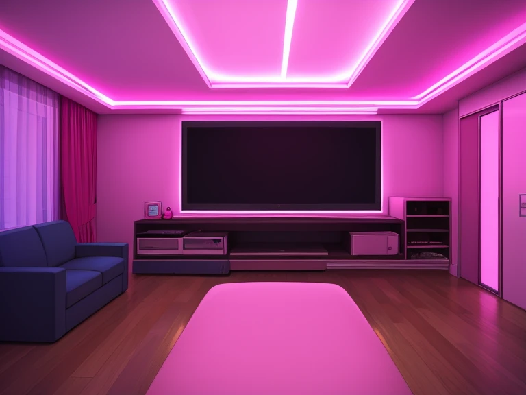 in a room with pink lights and large screen,pov,