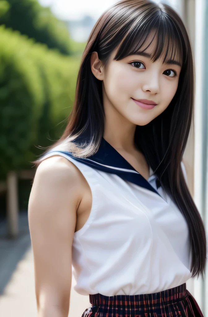 masterpiece, highest quality, 8k, 1 girl, (23 years old),  alone, Close-up of face,(Super cute idol-like face:1.2), Delicate girl, Black Hair, Middle straight hair, bangs, View your audience, Frank, Sophisticated, Professional Lighting, Film Grain,  Beautiful appearance, (No background), (White sleeveless blouse:1.2), Upper Body, Small breasts, (On the way home from school), 