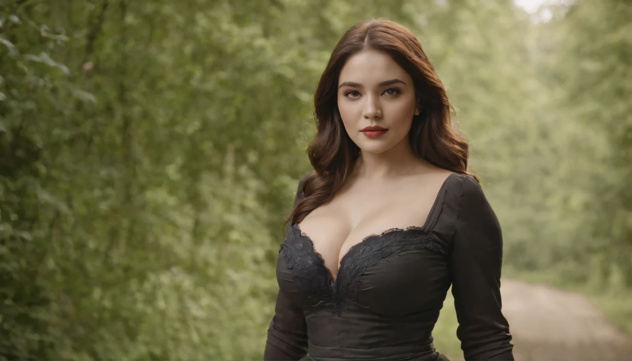 Random setting and scene; Zoomed out camera Fully body in frame; random pose; a female age 30; name Jlah; year 1900; random clothing. (Big boobs, curvy)