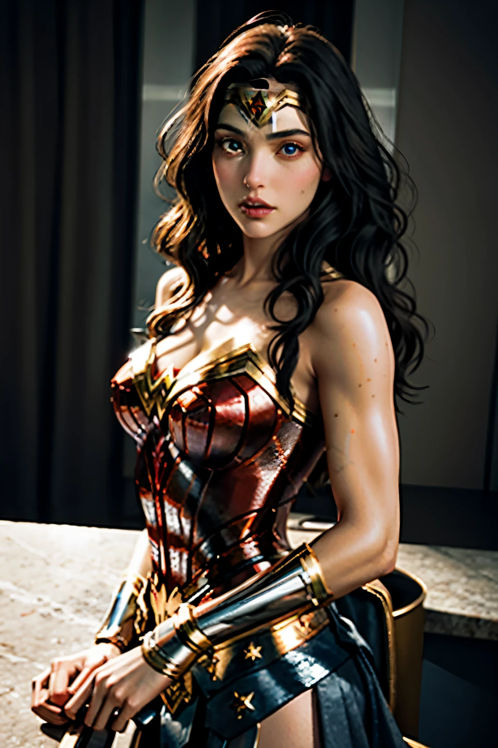 chef-d'artwork, best quality, Realistic, Photographier, Photorealism, super detailed, corps parfait, detailed eyes, belle fille, Wonder Woman, cosplayer, sexy