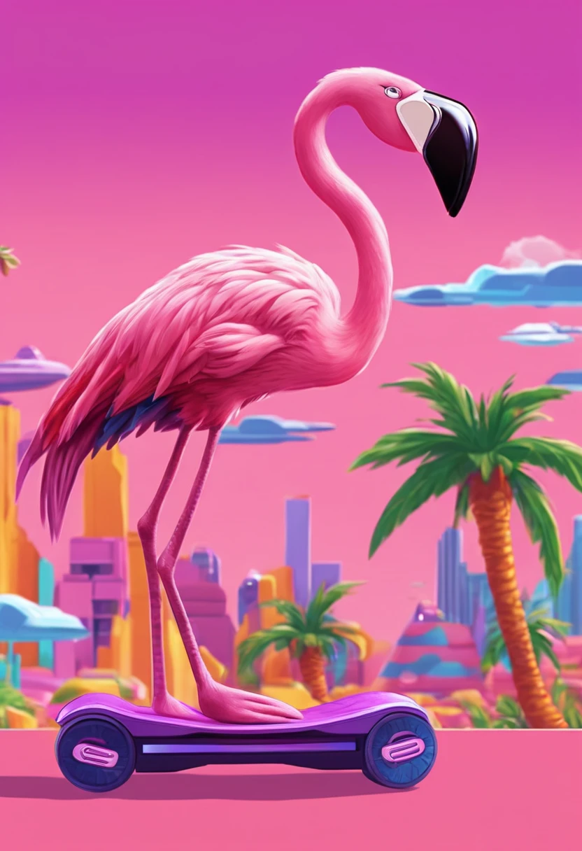 traditional media, color lead, flamingo, on a hoverboard, pink purple sonic video game background,