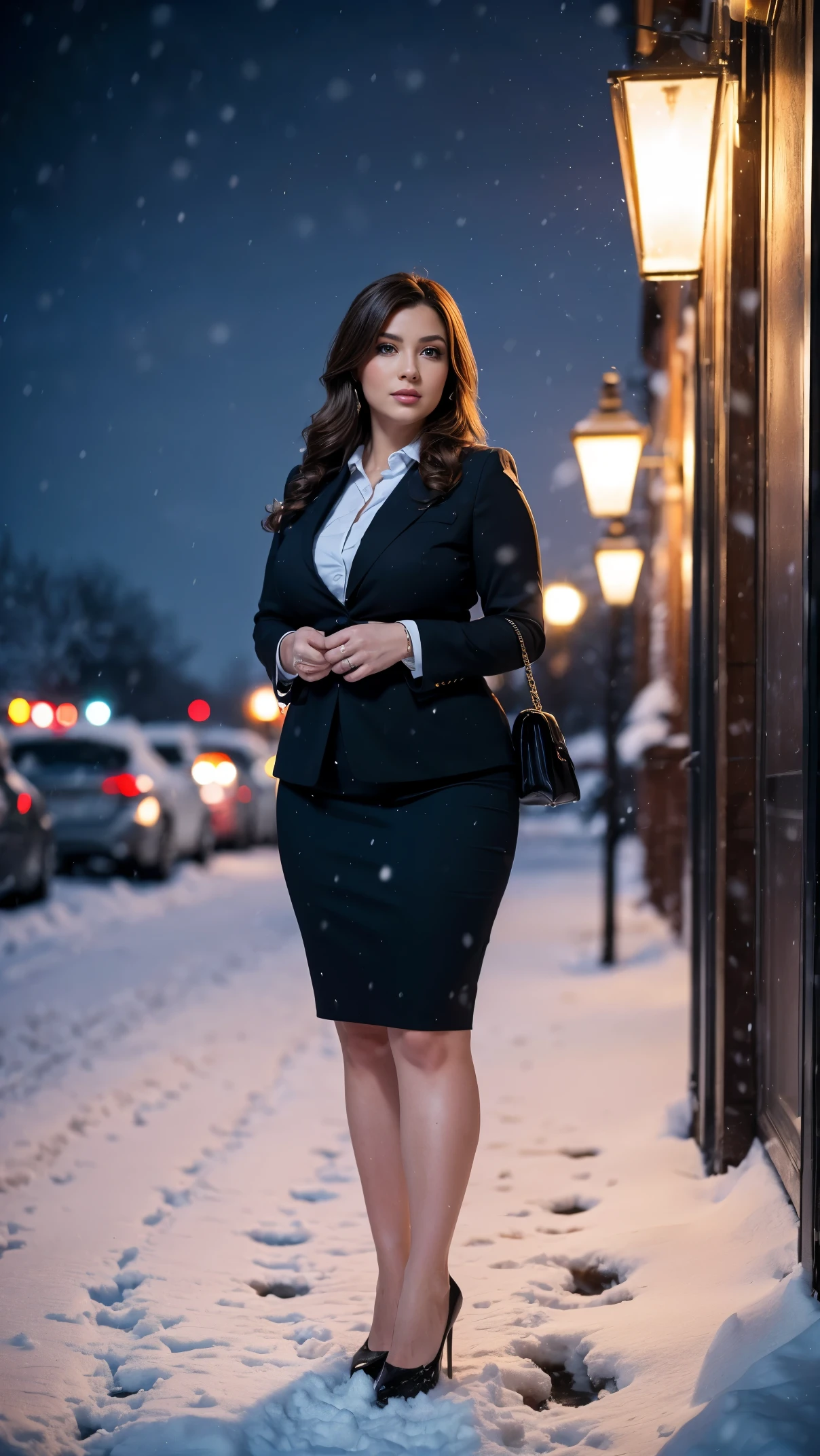 (masutepiece,High quality,16k:1.1),(depth of fields:1.3) ,((front body:1.35)),Russian ,mature Woman, ((business suit, pencil skirt)), huge breasts, voluptuous, thicc, curvy,(Looking at Viewer:1.3),(full body shot:1.2),(snowing:1.2),(Beautiful night view of town:1.2),