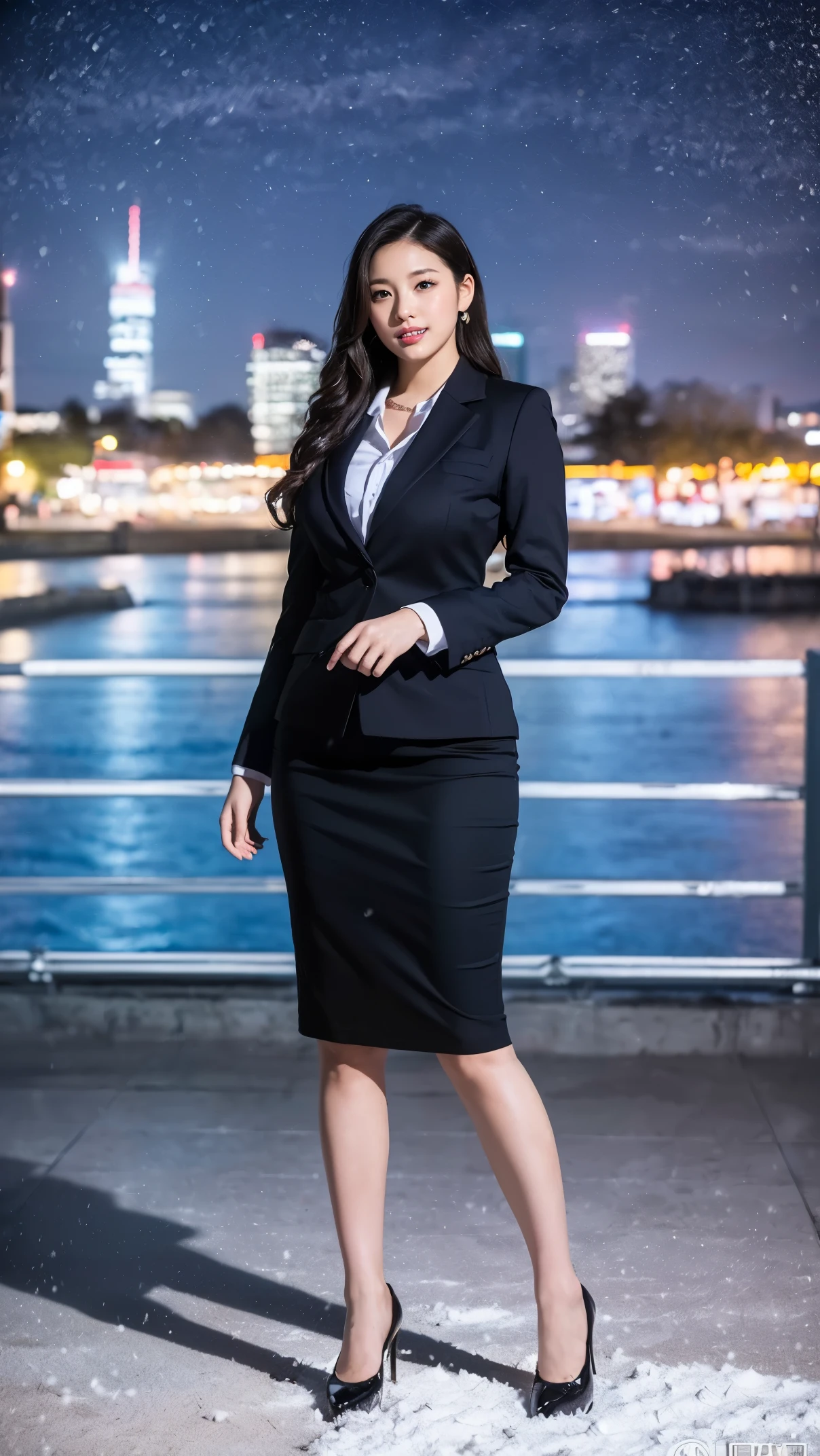 (masutepiece,High quality,16k:1.1),(depth of fields:1.3) ,((front body:1.35)),Japanese ,mature Woman, ((business suit, pencil skirt)), huge breasts, voluptuous, thicc, curvy,(Looking at Viewer:1.3),(full body shot:1.2),(snowing:1.2),(Beautiful night view of town:1.2),