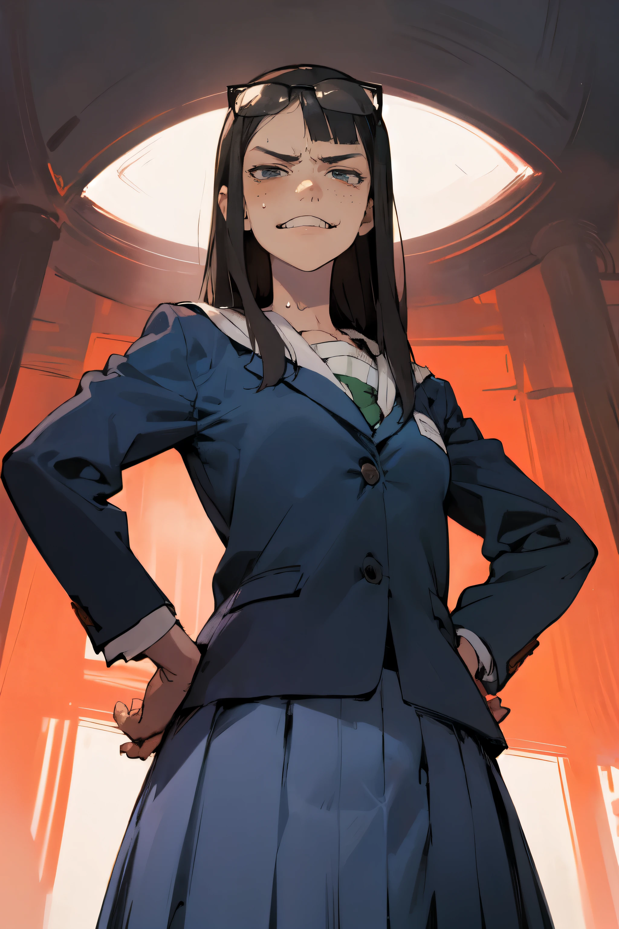 kanamori, eyewear on head, freckles, serafuku, pleated skirt, blazer, blue skirt, hands on hips, from below, panties, sweat, smirk, one eyebrow raised, raised eyebrow, cocked brow