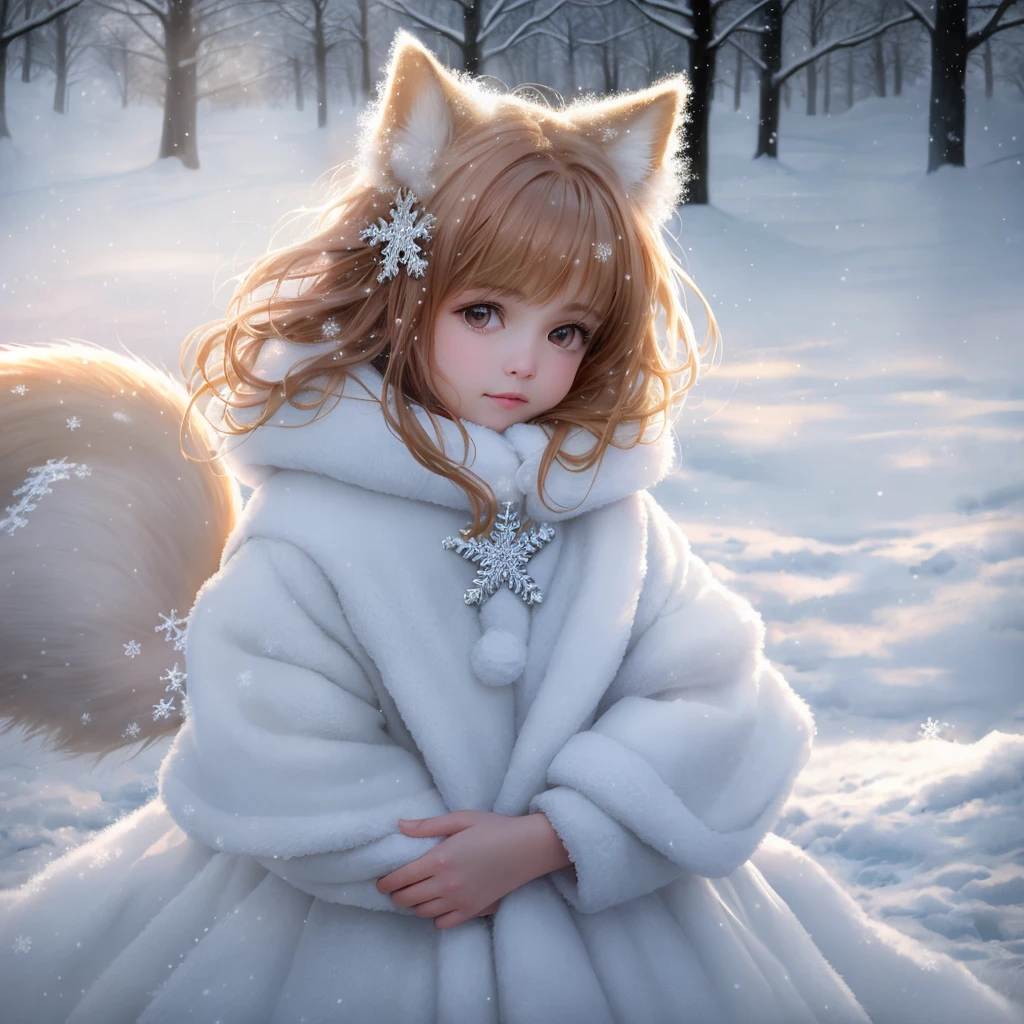 (RAW photo:1.2), (realistic:1.4), (highest quality:1.4), (Super high resolution:1.2), (very detailed:1.3), (nffsw:1.2), (cinematic lighting:1.3), (eye), (Yuki:1.2). ), Cute Little Fox, Are standing, (3/4 portrait: 1.2), (hairy tail: 1.2), (soft fur: 1.2), (Moe: 1.2), (look at the audience), (innocent look), (soft light), (dreamy), (dream: 1.3), (ethereal: 1.3), (magic: 1.2), (snowflake: 1.2), (winter wonderland: 1.3), (Whimsical: 1.2), (fun: 1.2), bust, alone