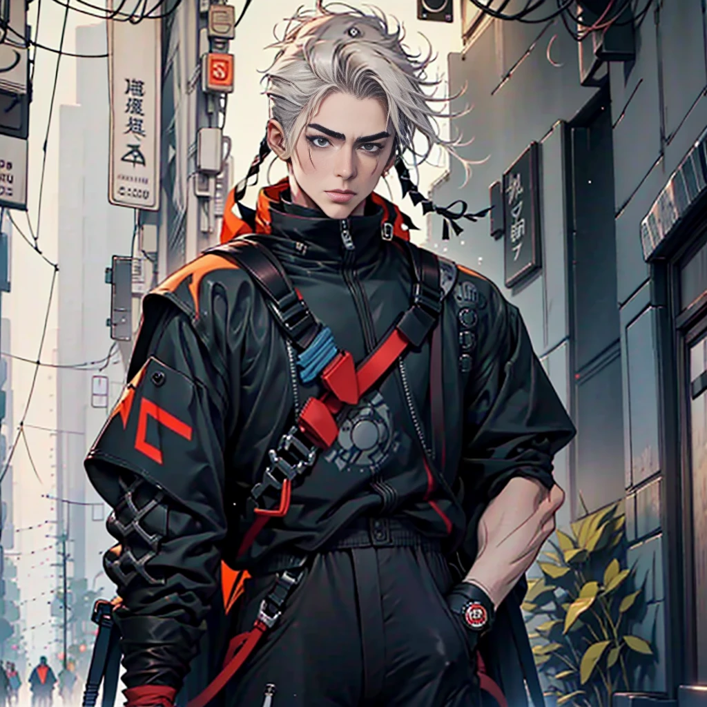 Niji style, male, 20-year-old, Perfect and clear body, Slender,neutral,beautiful face, ((( male ))), Ninja Warrior, futuristic clothes, fantastic art clothes, short hair, fantastic scenery, adult fantasy, nijistyle, urbansamurai_v0.3