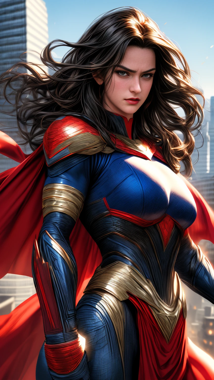 (best quality,4k,highres:1.2),ultra-detailed,realistic,portrait,superhero,comic book style, vibrant colors,strong physique,cape flowing in the wind,flying in mid-air,city skyline in the background,glimmering sunlight,heroic pose, focused gaze,dark hair,square jaw, iconic "S" logo on the chest,futuristic metropolis,buildings reaching the sky,streets filled with busy people, Incredibly detailed outfit with intricate textures,red and blue color scheme,shadows and highlights emphasizing muscularity, intense expression, epitome of strength and power,unstoppable force for justice.